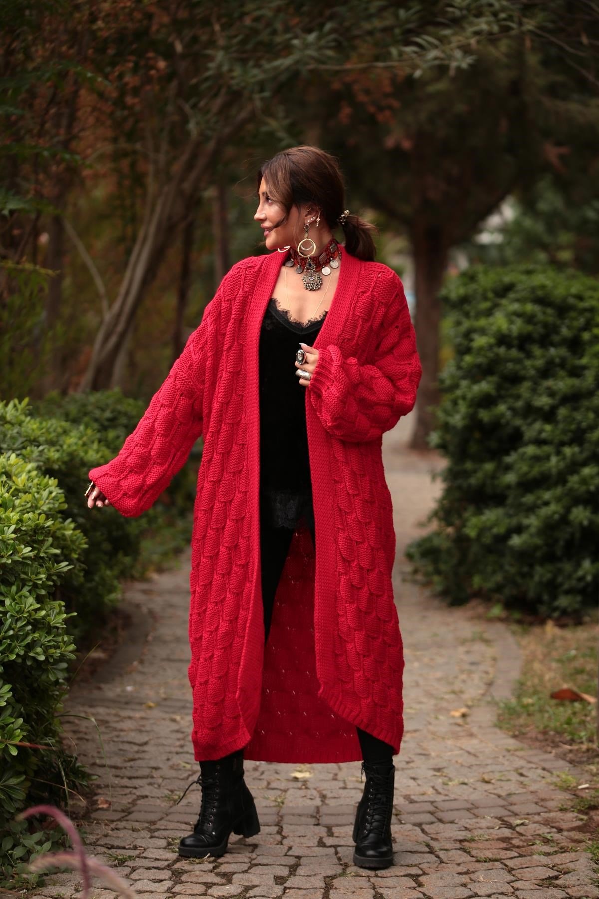 Kırmızı Örgü Hırka - Şaman Butik - Bohem Giyim ve Aksesuar | Kadın & Erkek