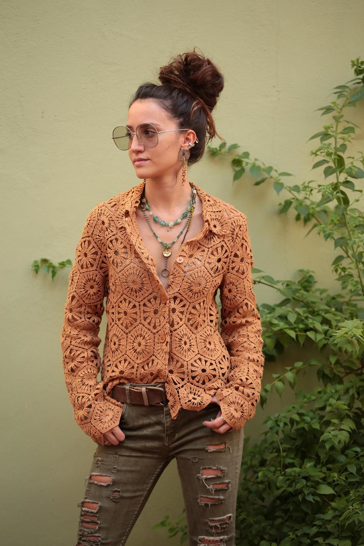 Tan crochet cheap cardigan