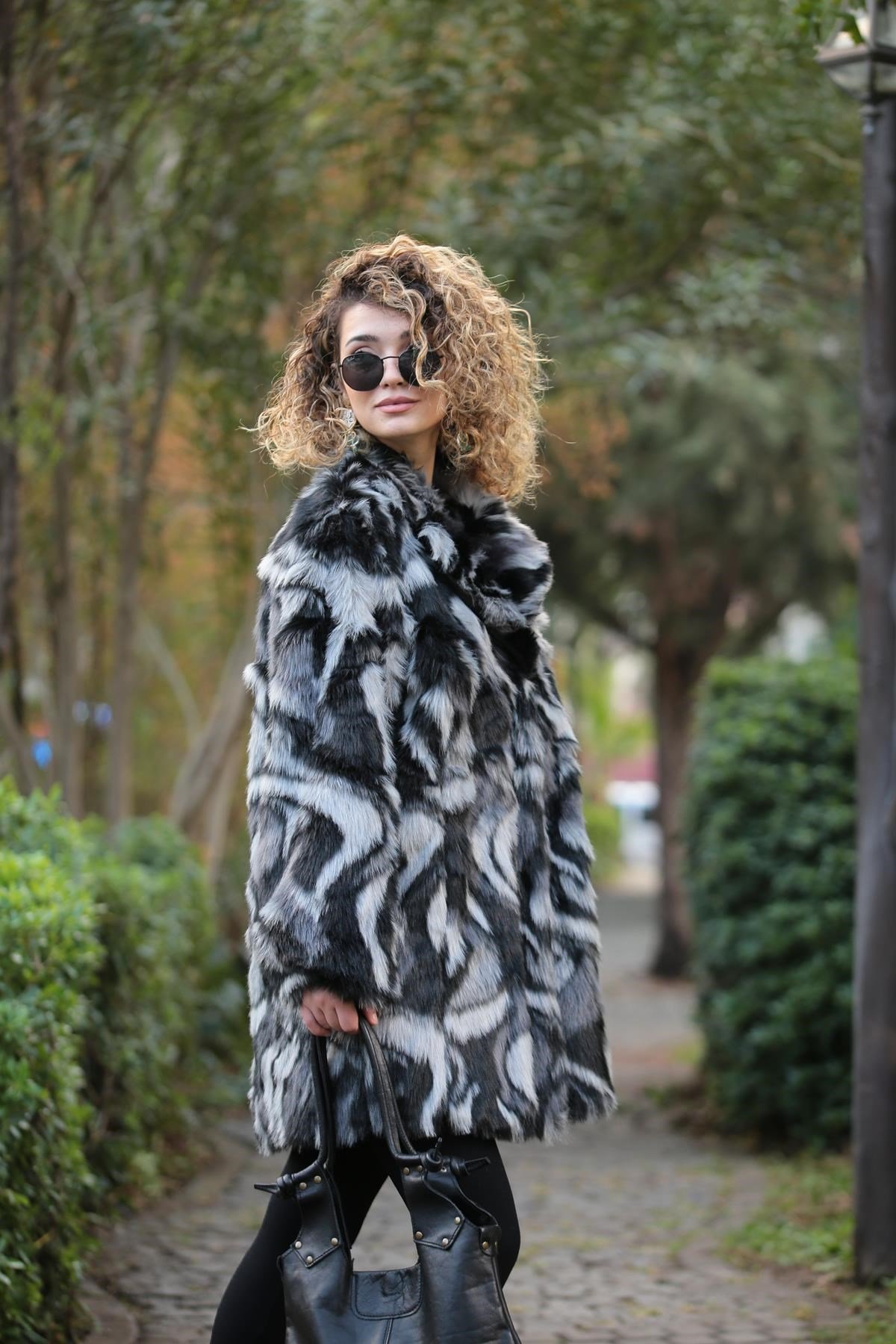 Black Leopard Pattern Fur Topcoat - Saman Butik