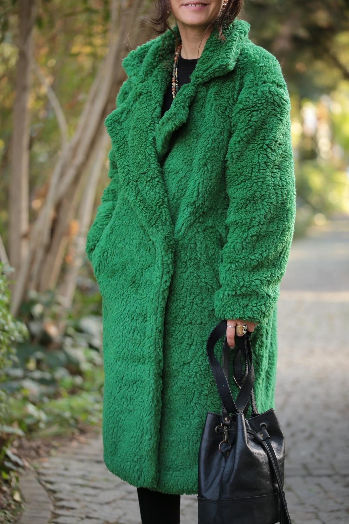 Emerald Green Single Button Long Teddy Coat - Saman Butik | Shop Online
