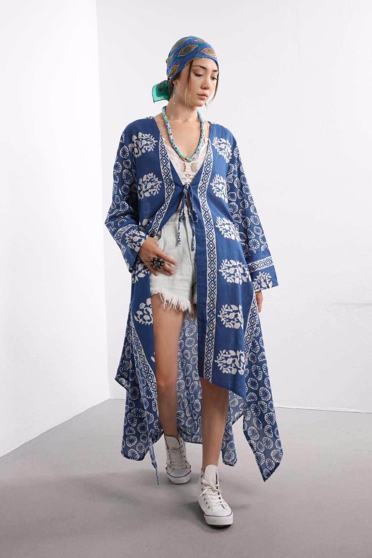 Blue Tribal Patterned Asymmetrical Caftan Saman Butik Shop Online