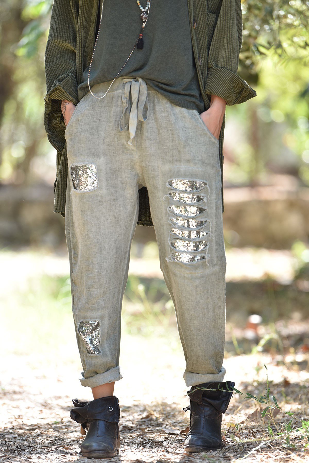Keten Pul Yamalı Pantolon - Şaman Butik - Bohem Giyim ve Aksesuar | Kadın &  Erkek