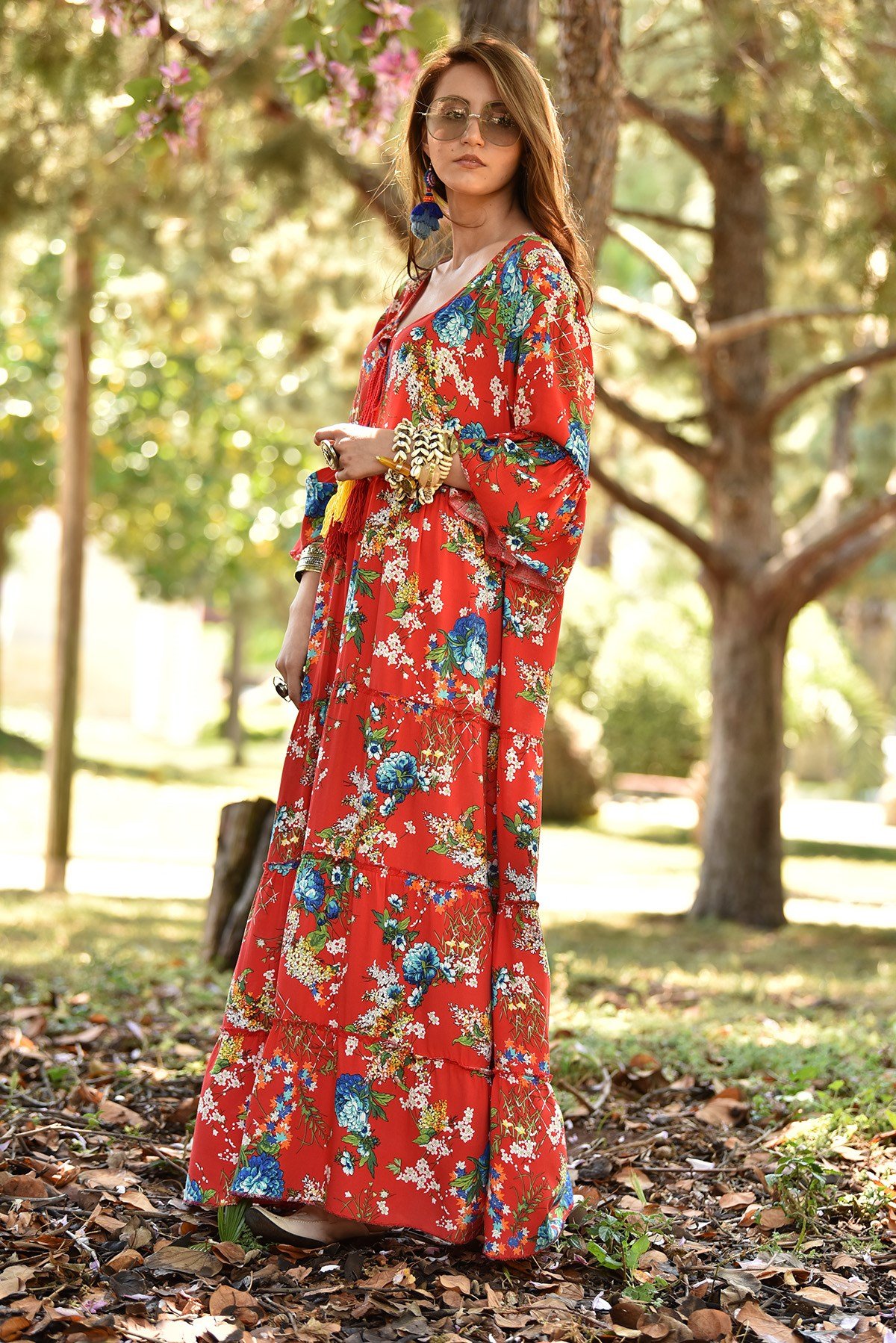 Kırmızı Çiçek Desenli Uzun Elbise - Şaman Butik - Bohem Giyim ve Aksesuar |  Kadın & Erkek