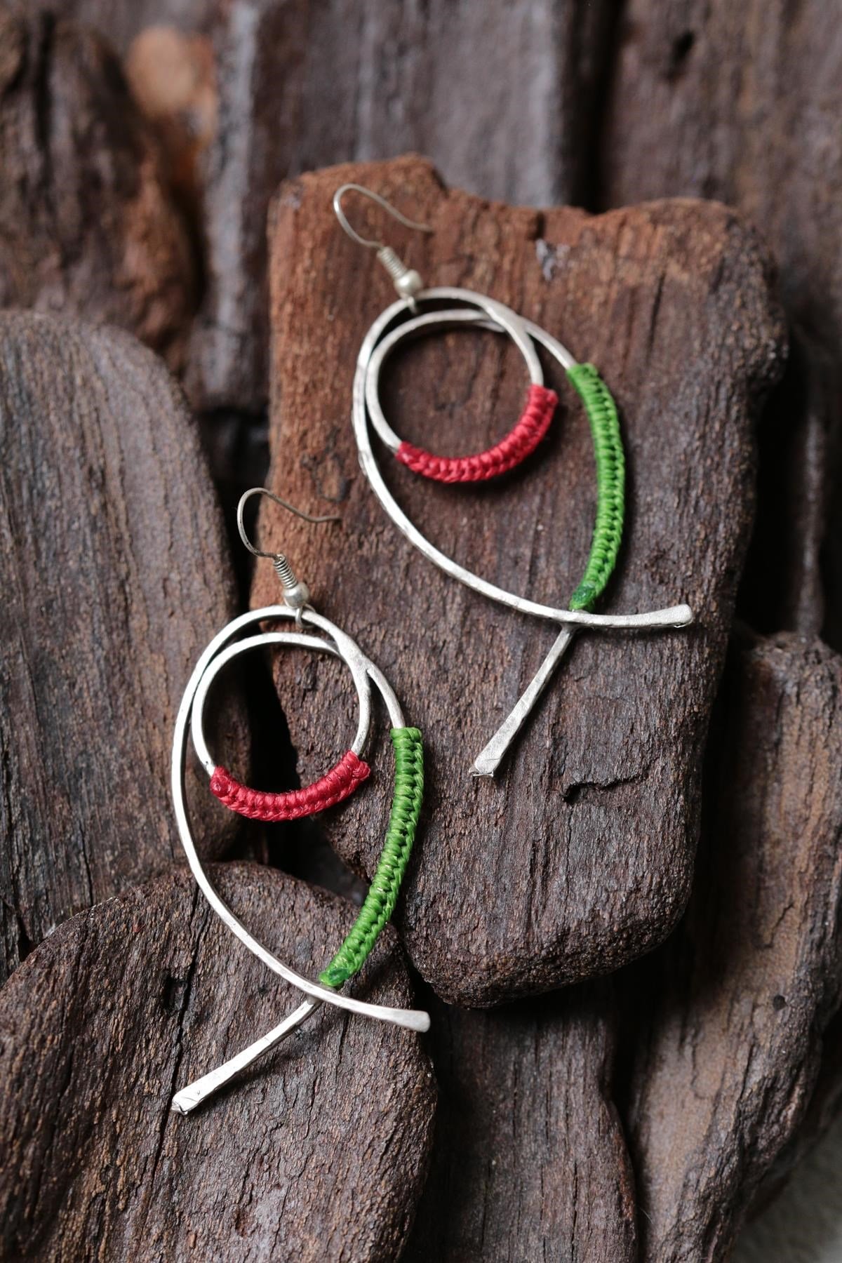 Green Red Wax Rope Detailed Fish Design Earrings - Saman Butik | Shop Online