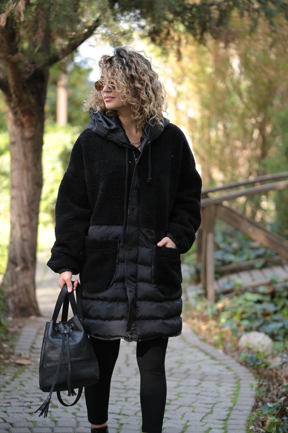 Black Plush Detailed Hooded Coat - Saman Butik | Shop Online