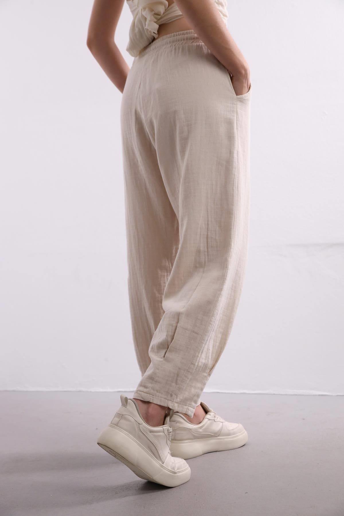 Beige Elastic Waist Trousers - Saman Butik