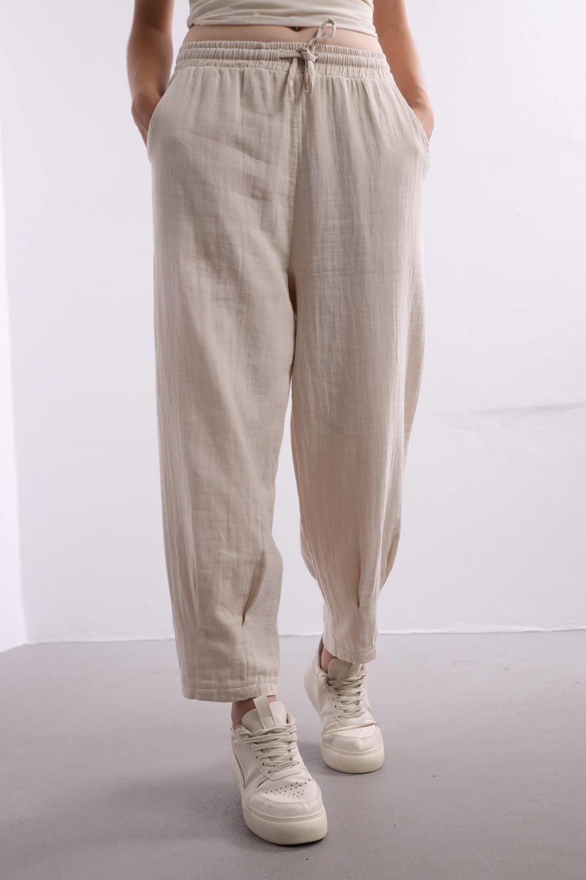 Beige Elastic Waist Trousers - Saman Butik