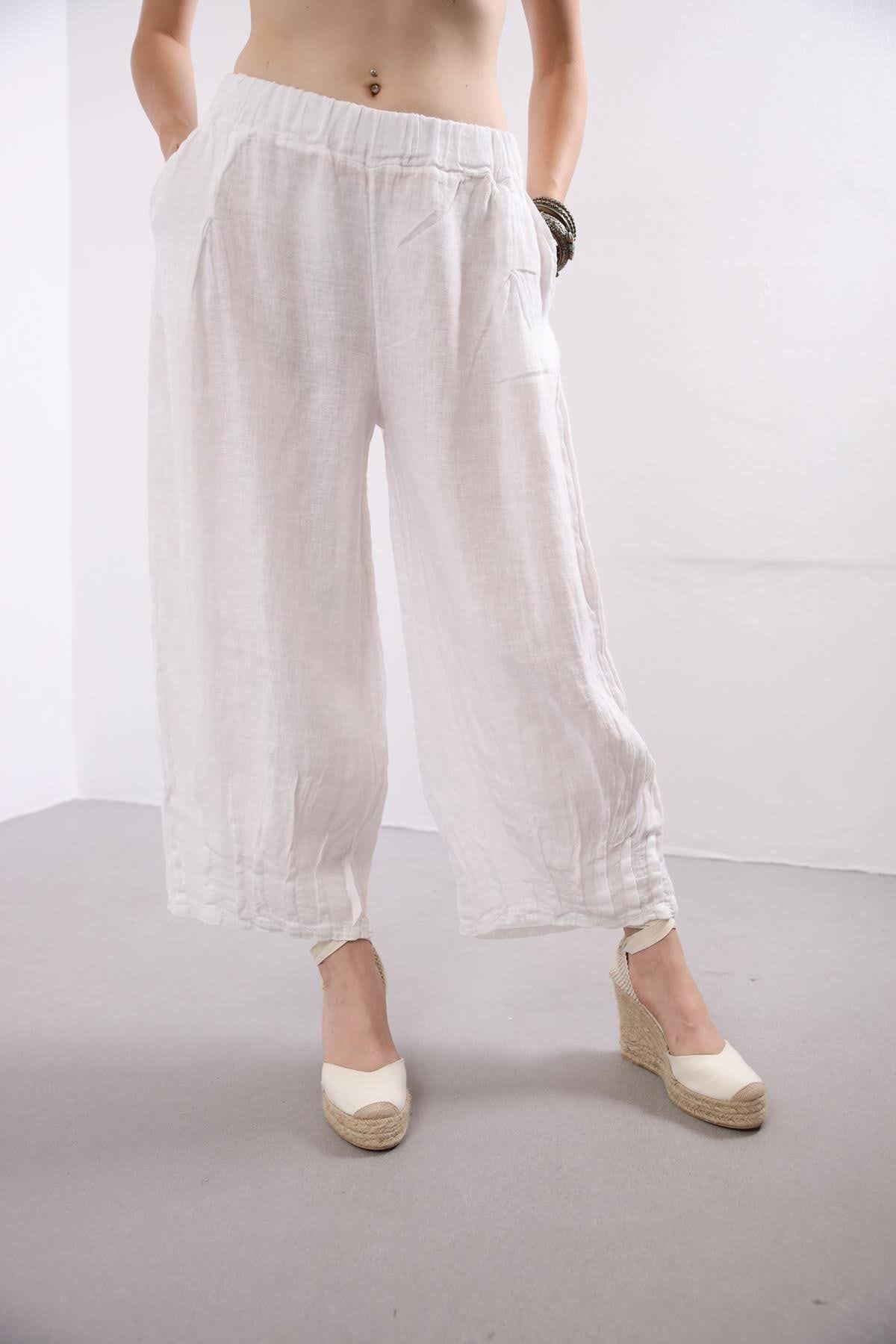 Beyaz Paçası Pileli Keten Pantolon - Şaman Butik - Bohem Giyim ve Aksesuar  | Kadın & Erkek
