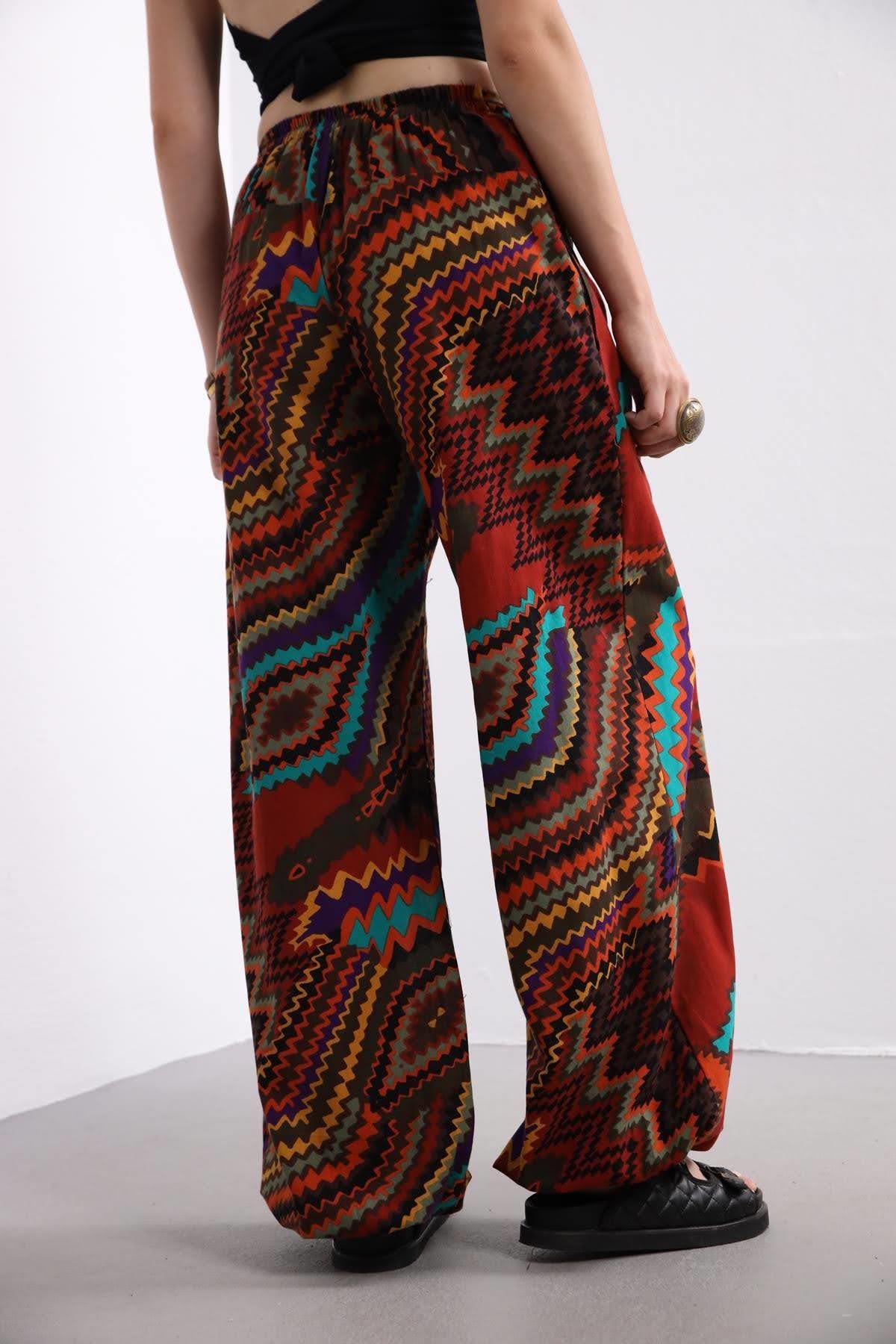 Burgundy Zig Zag Patterned Elastic Cuff Pants - Saman Butik