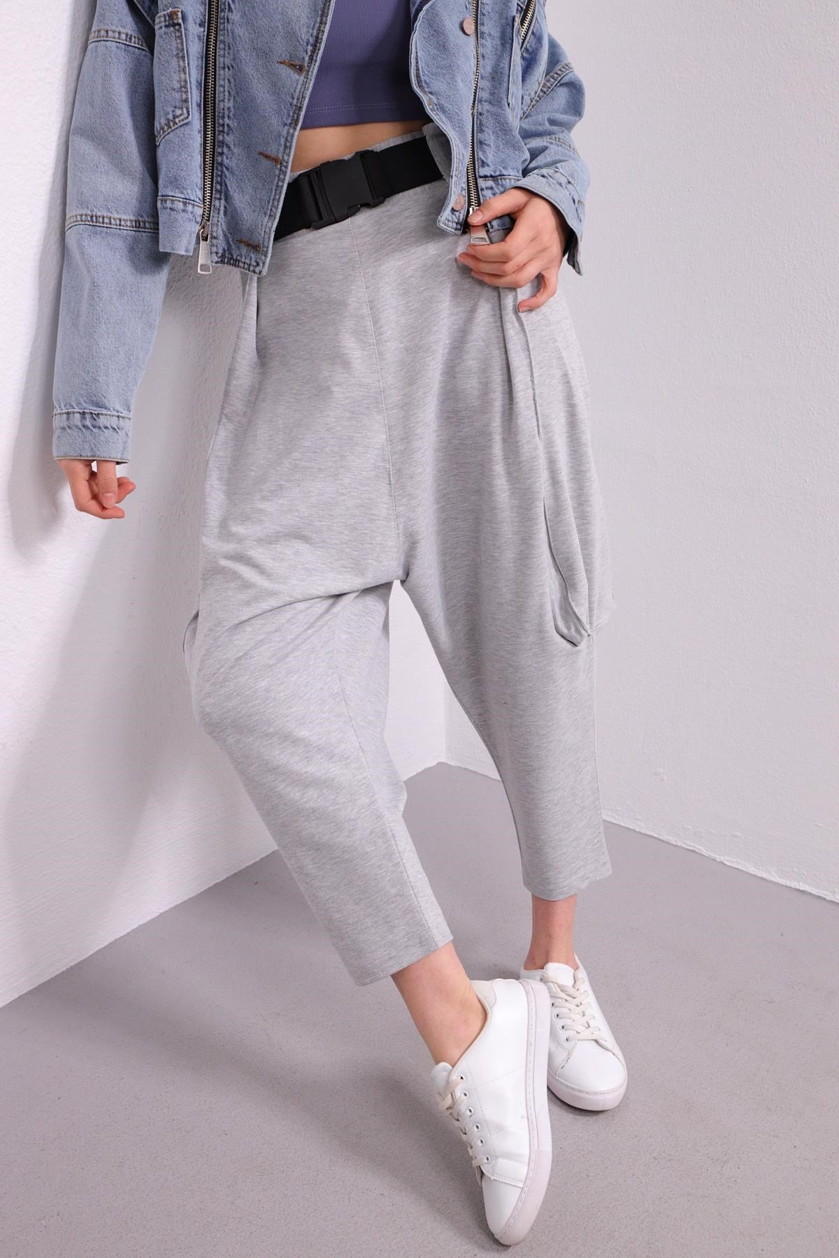 Gray Belted Drop Crotch Trousers