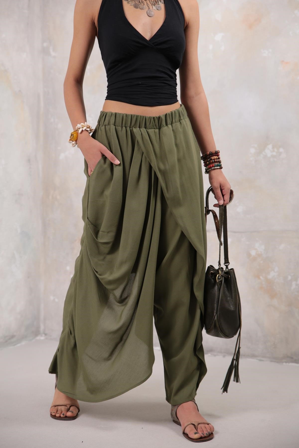 Khaki Elastic Waist Crossed Trousers