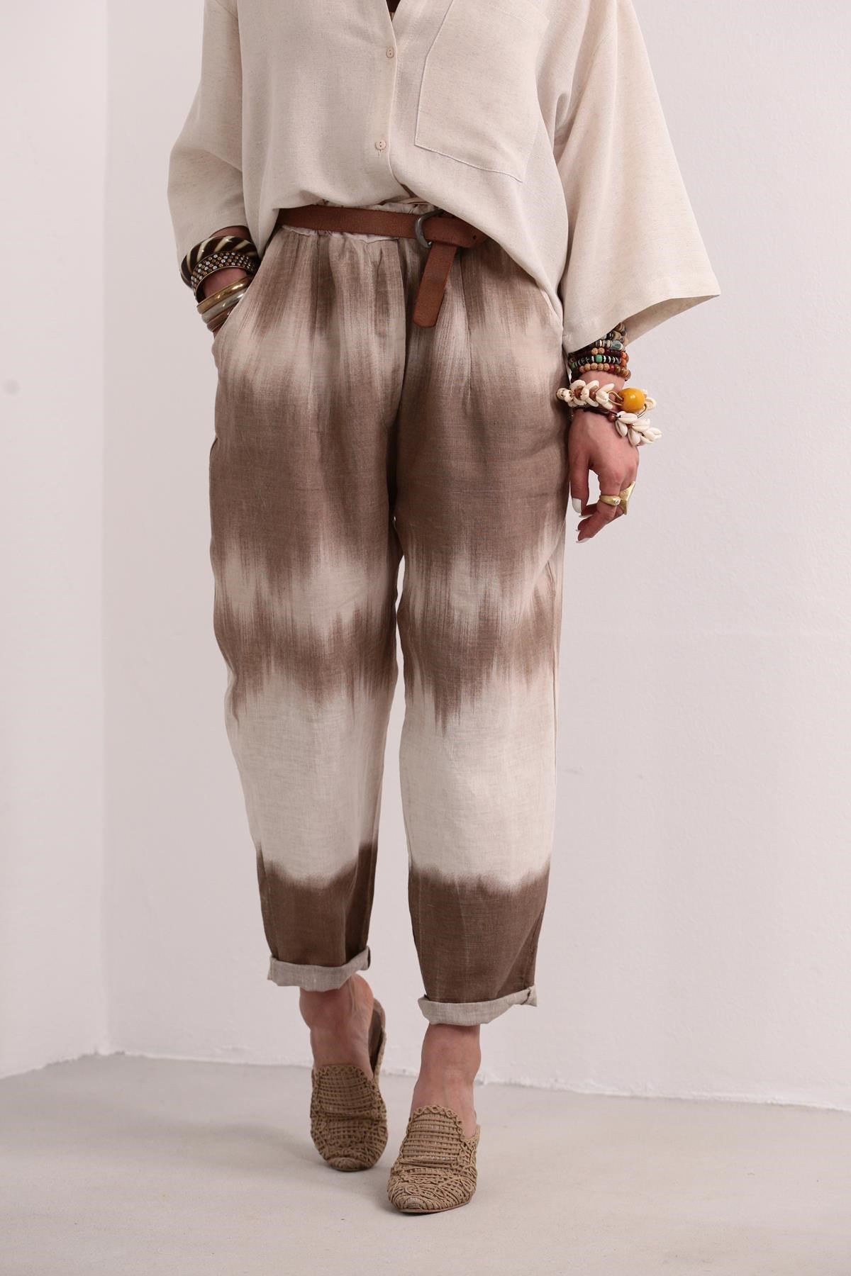 Brown Tie Dye Patterned Linen Trousers - Saman Butik | Shop Online