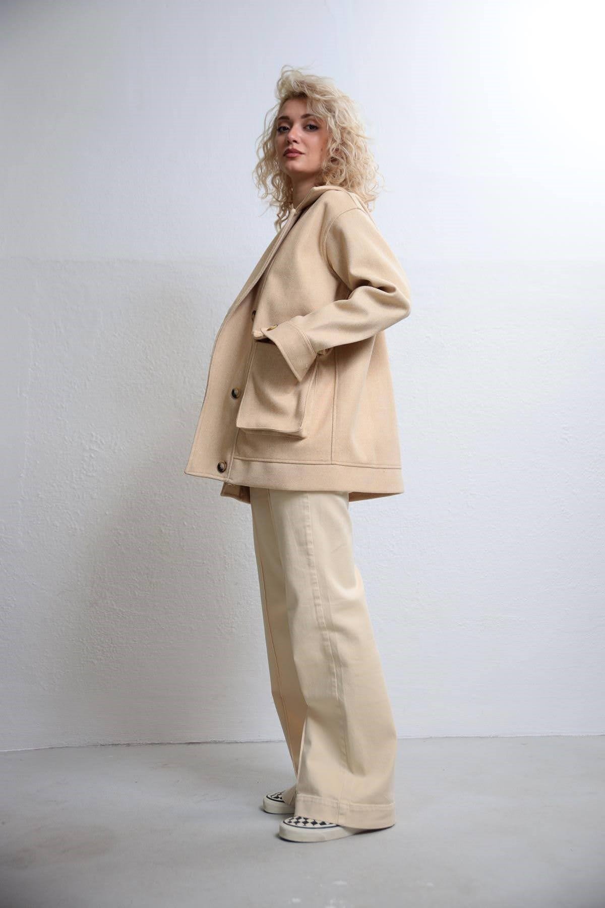 Cream Color Flared Trousers Pants