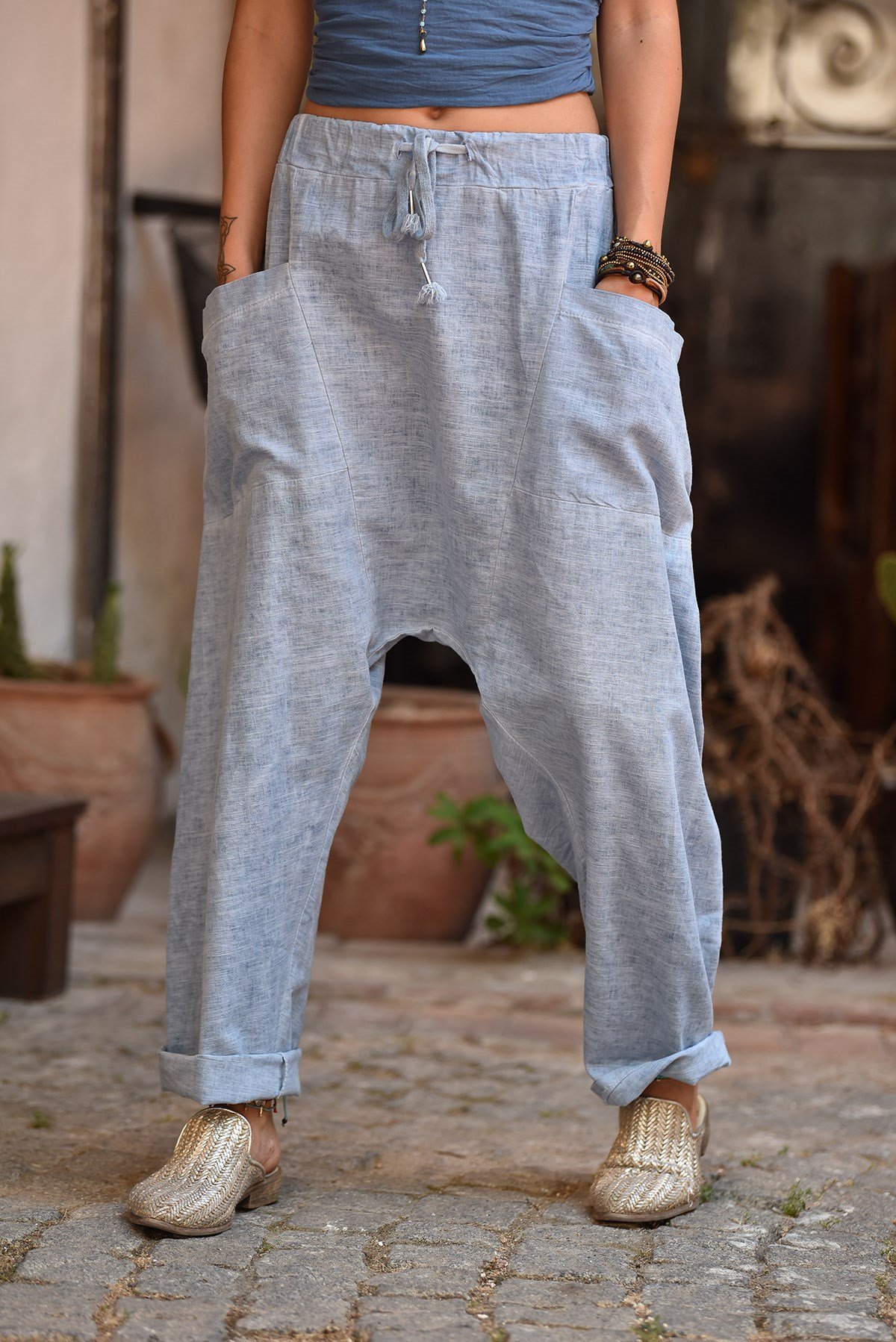 Blue Baggy Pocket Linen Harem Pants - Şaman Butik | Shop Online