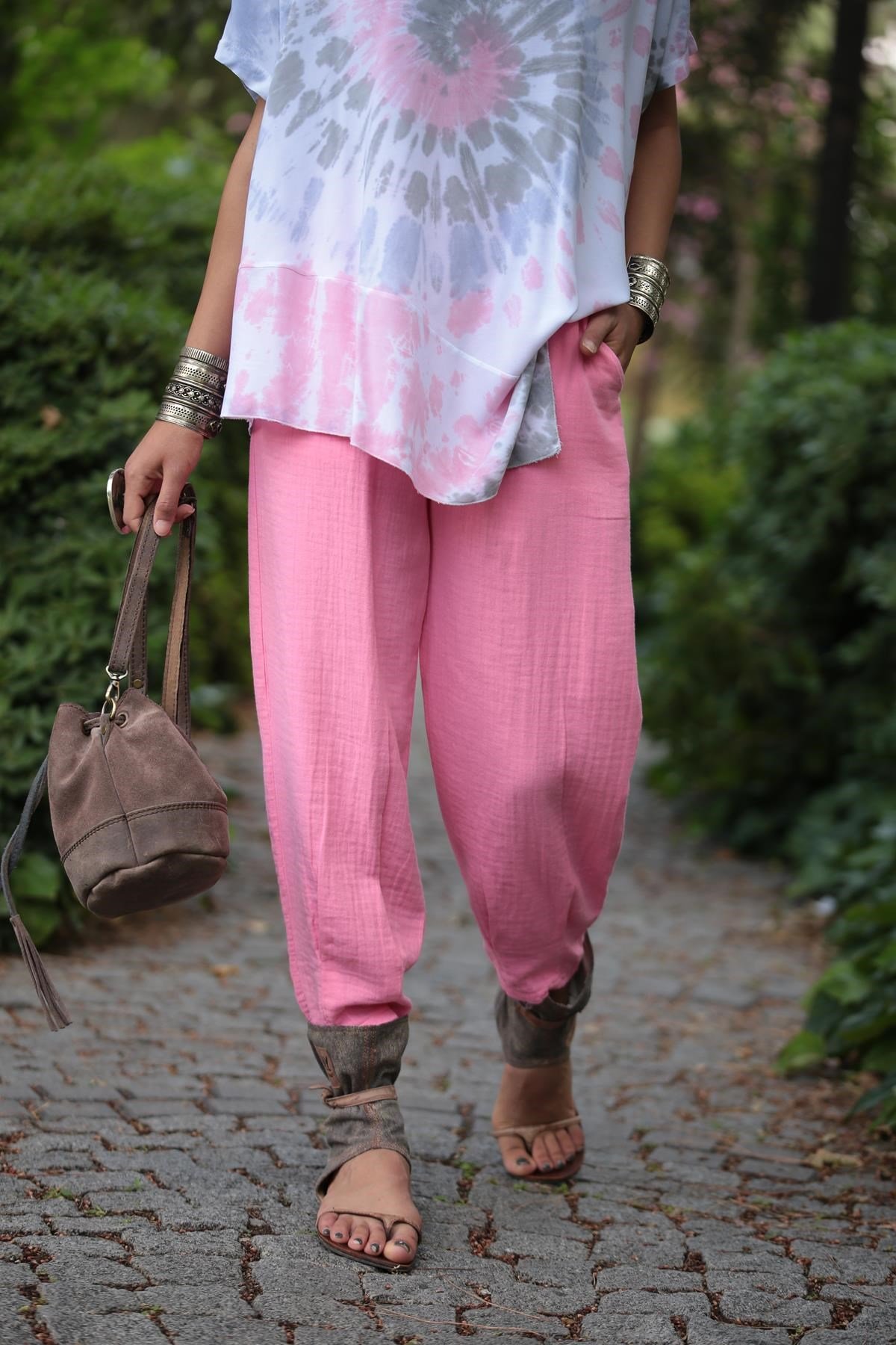 Pink Elastic Waist Trousers - Saman Butik