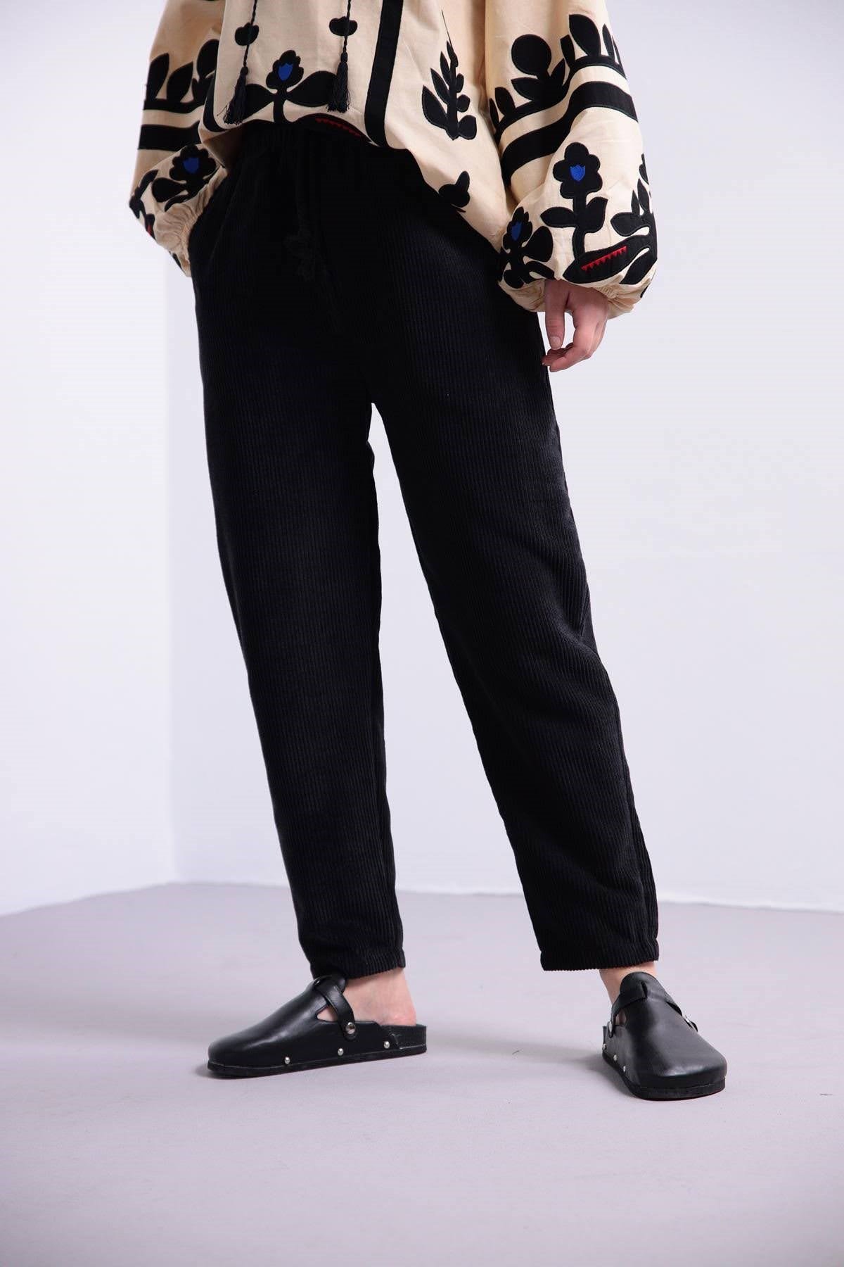 Siyah Beli Lastikli Kadife Kışlık Pantolon - Şaman Butik - Bohem Giyim ve  Aksesuar | Kadın & Erkek
