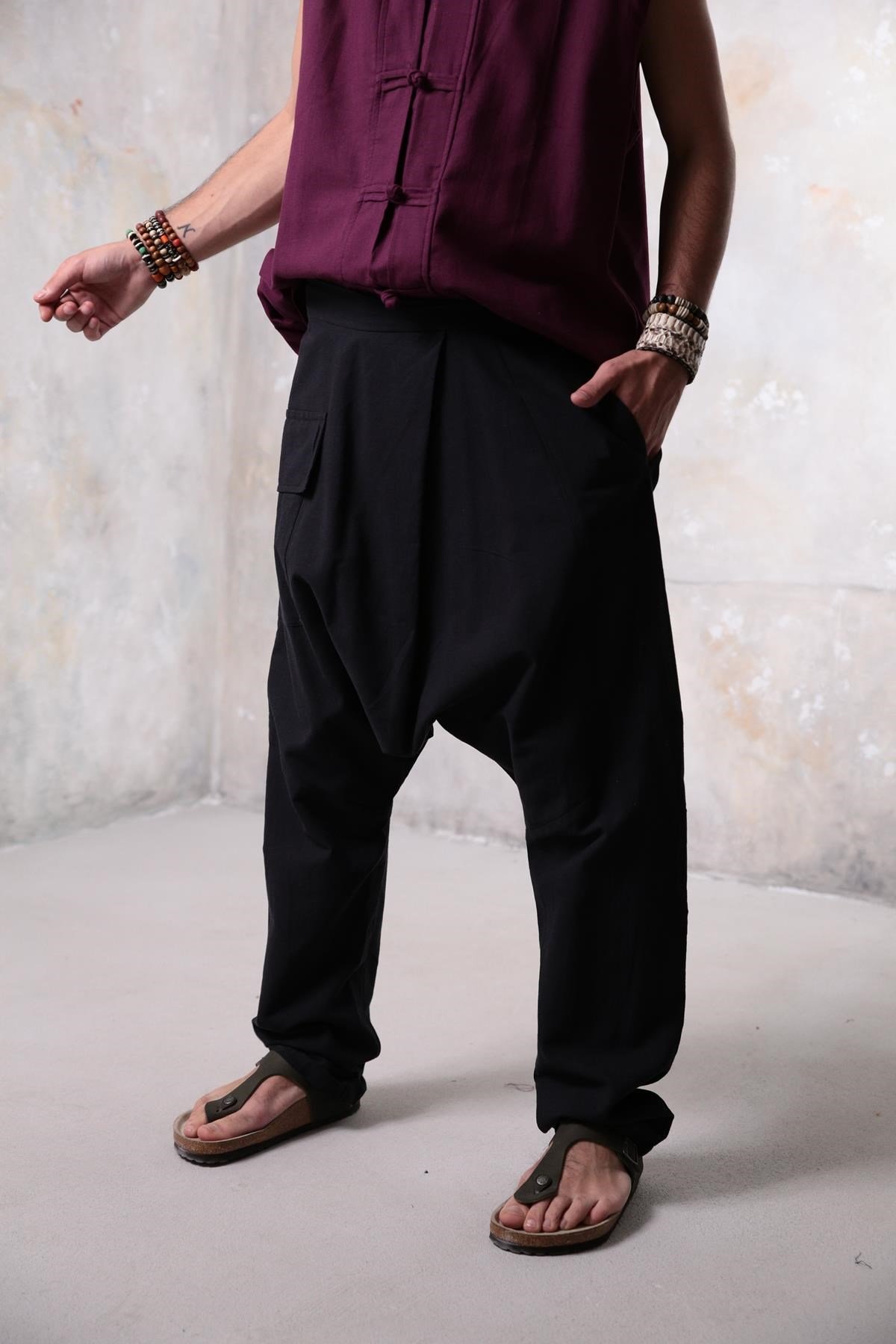 Black Baggy Pocket Linen Harem Pants - Şaman Butik