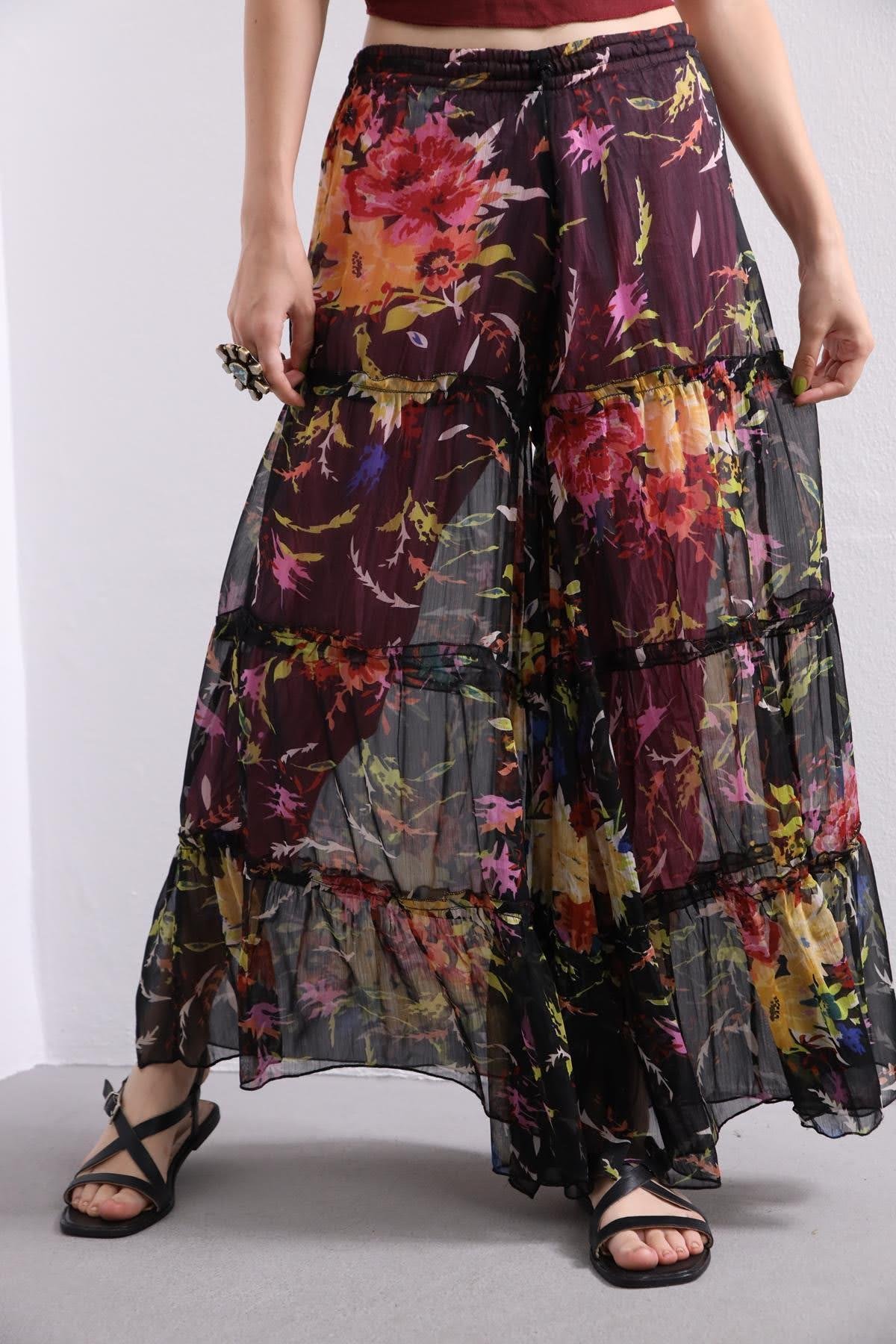 Siyah Çiçekli Şifon Pantolon - Şaman Butik - Bohem Giyim ve Aksesuar |  Kadın & Erkek