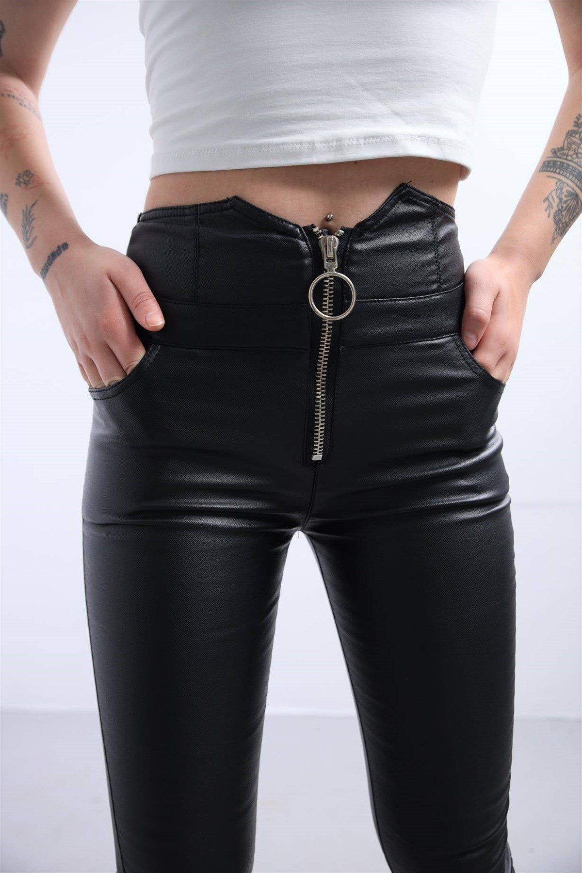 Black Ring Zipper Detail Leather Trousers - Saman Butik | Shop Online