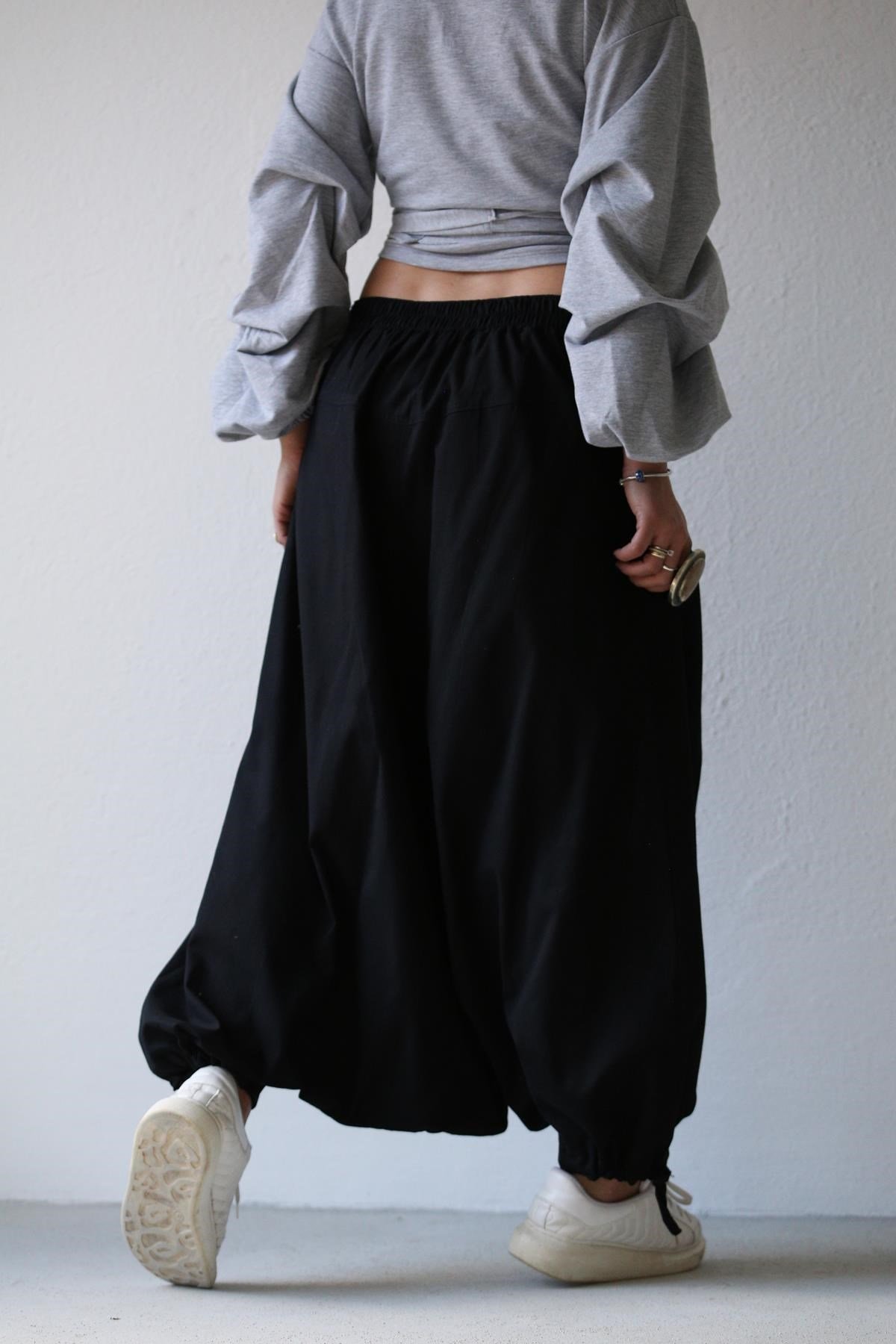 Black Crossed Ethnic Baggy Trousers - Saman Butik