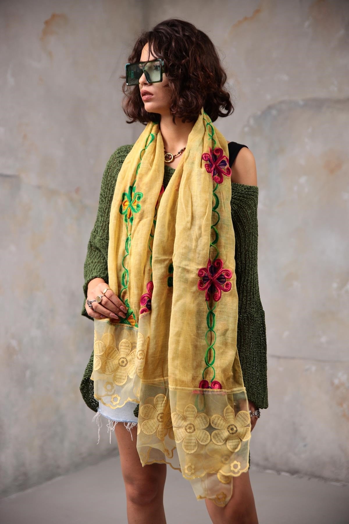 Safran Rengi İşlemeli Tül Detaylı Şal - Şaman Butik - Bohem Giyim ve  Aksesuar | Kadın & Erkek