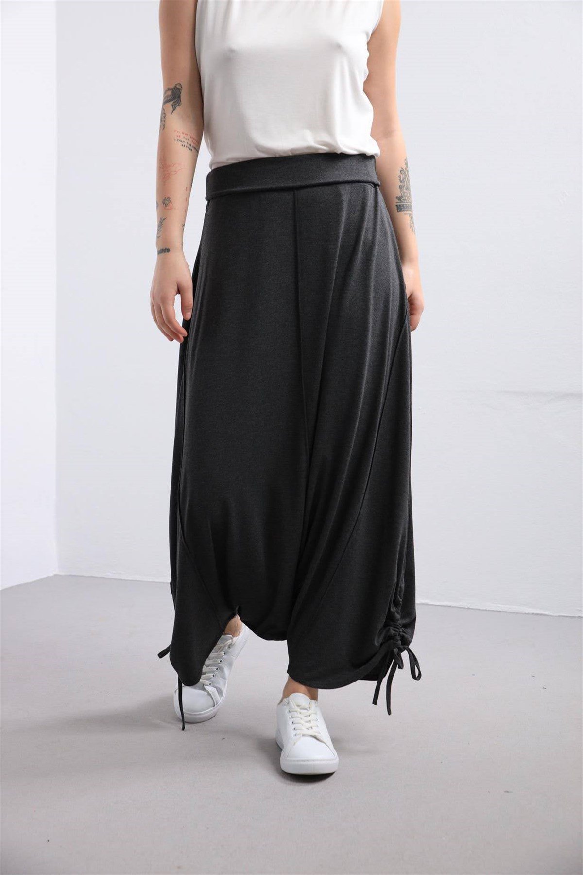 Anthracite Tied Cuff Stitch Detailed Harem Pants