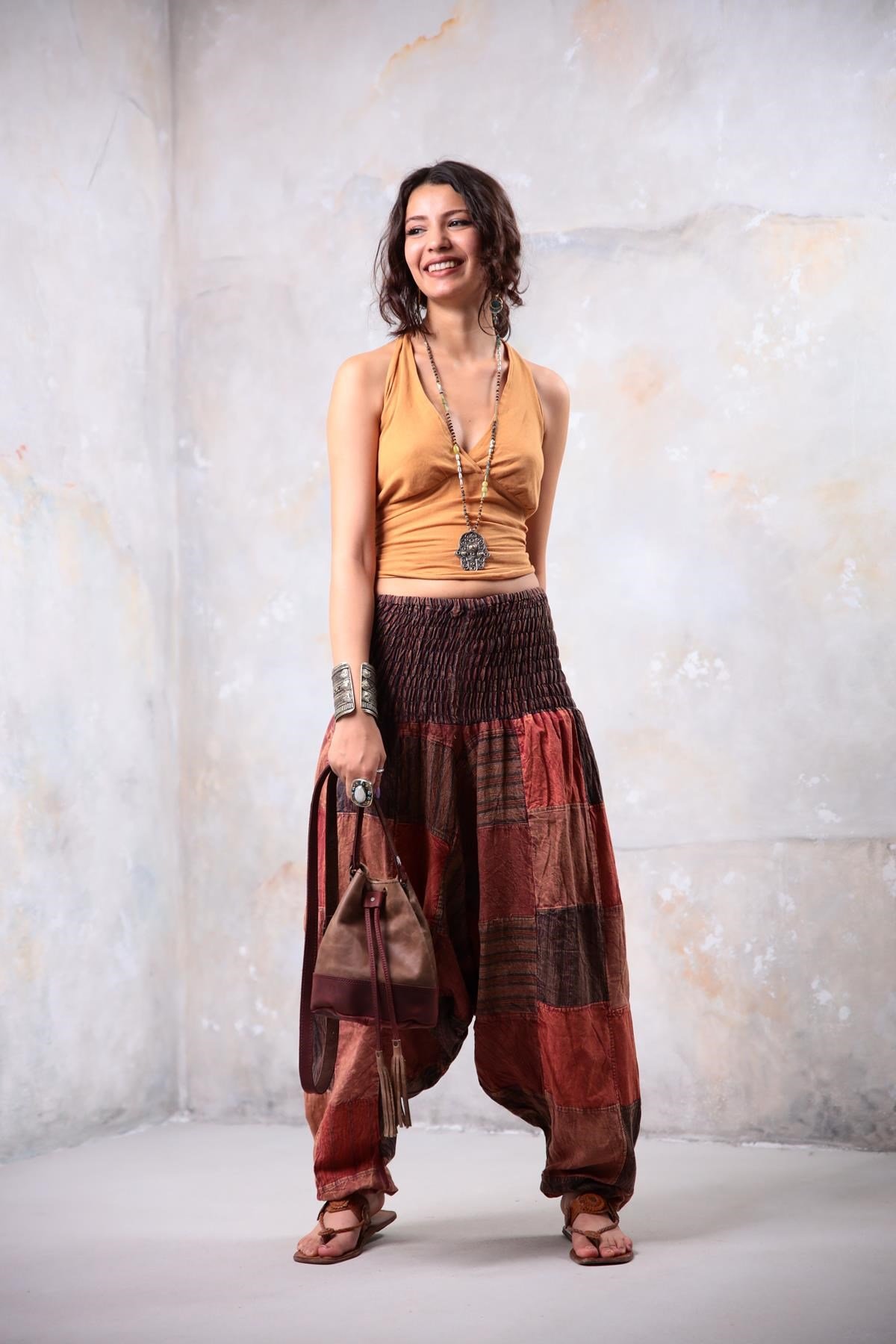 Small Waist Desert Rose Boho Mixed Patchwork Straight Pants, Brown