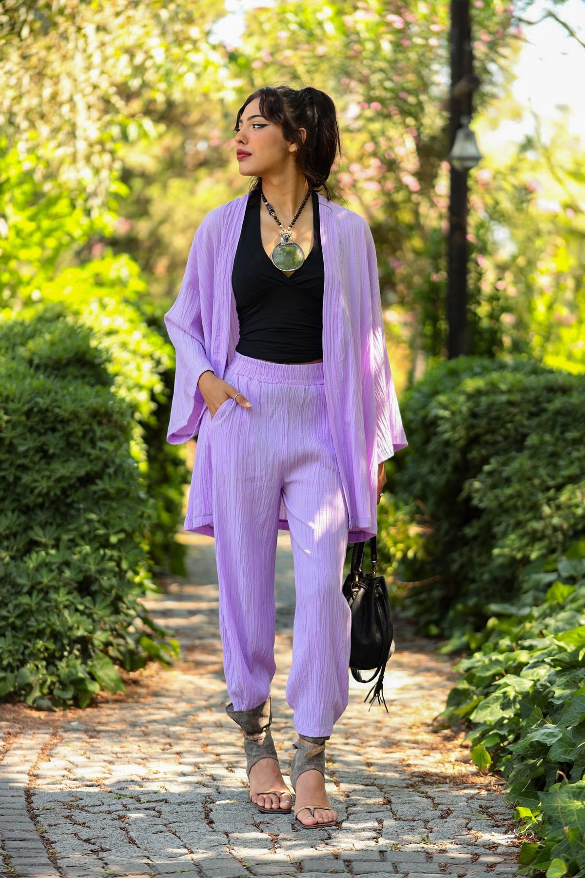 Lilac Seersucker Kimono Trousers Set