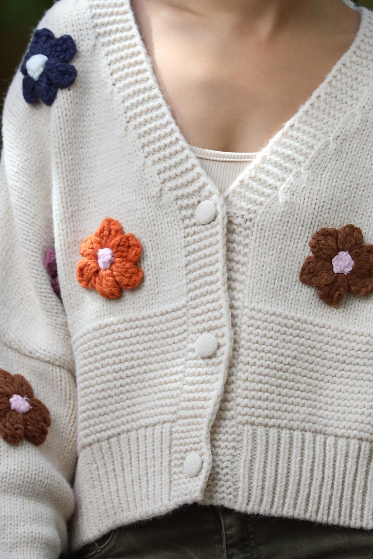 Beige Large Floral Mini Cardigan Saman Butik Shop Online