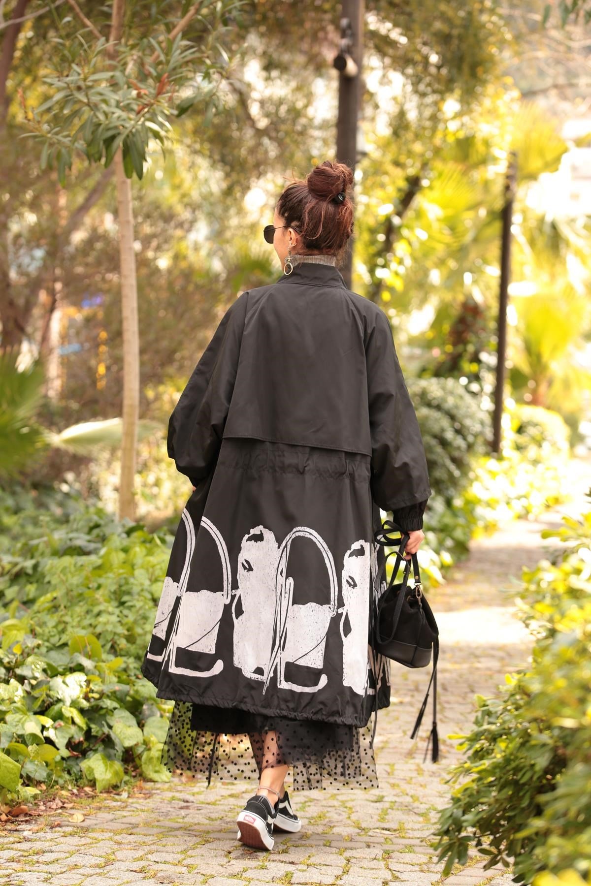 Black Trench Coat with White Patterns aman Butik Boho Fashion