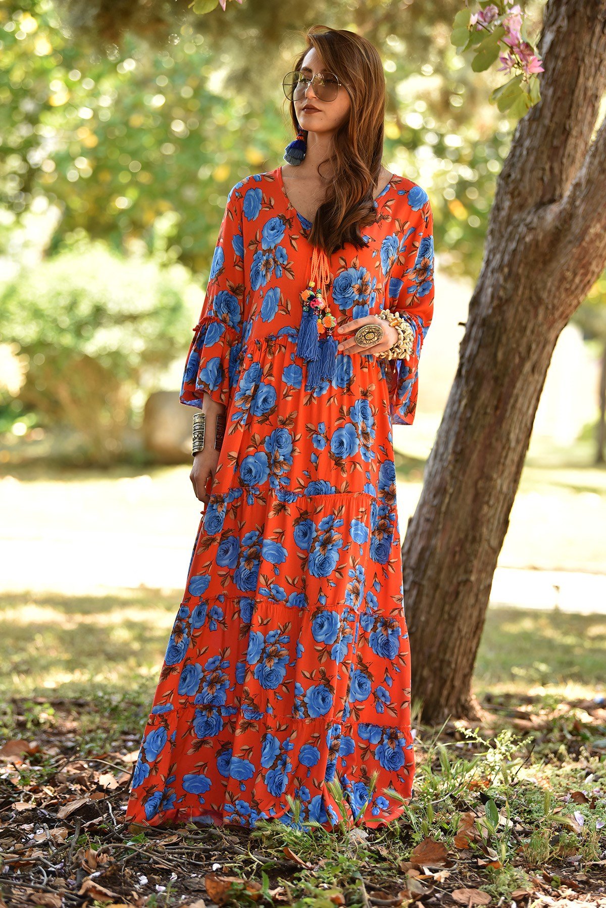 Turuncu Mavi Çiçek Desenli Uzun Elbise - Şaman Butik - Bohem Giyim ve  Aksesuar | Kadın & Erkek