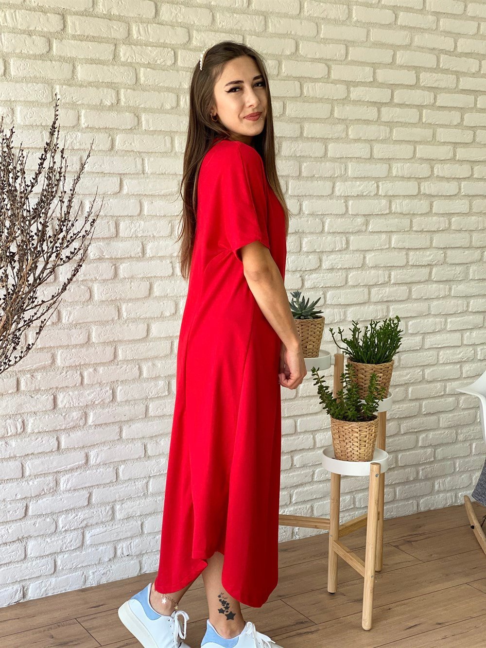 Kırmızı Kısa Kollu Penye Elbise