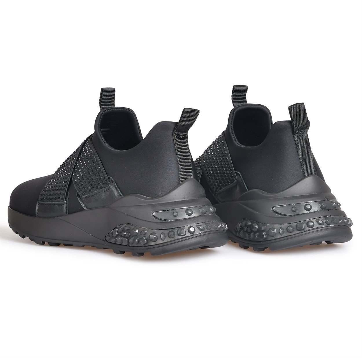 Siyah Streç Taşlı Lastik Detaylı Spor Ayakkabı | Flower Ayakkabı