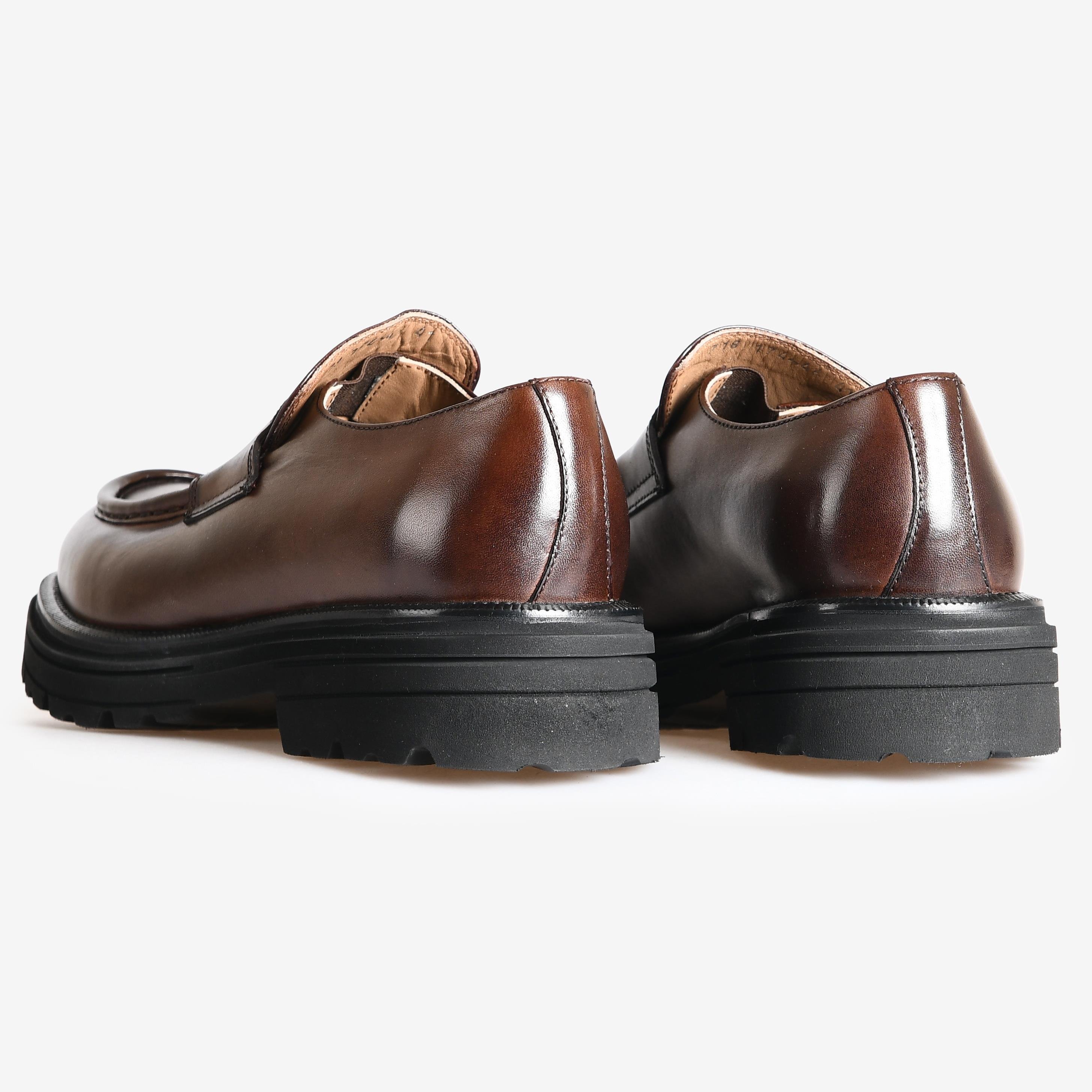 Kahve Deri Bağcıksız Erkek Klasik Ayakkabı | Flower Ayakkabı
