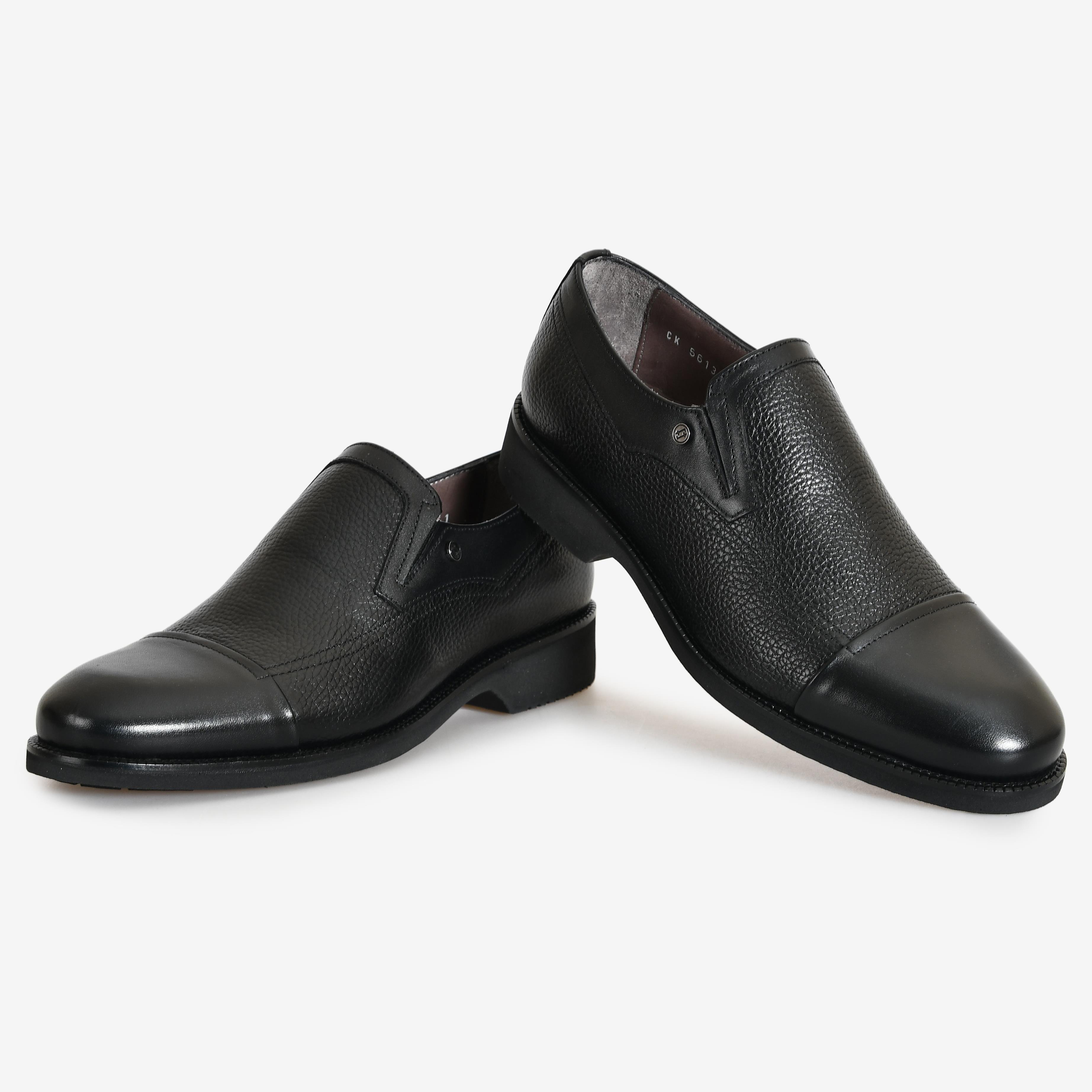 Siyah Deri Bağcıksız Erkek Klasik Ayakkabı | Flower Ayakkabı