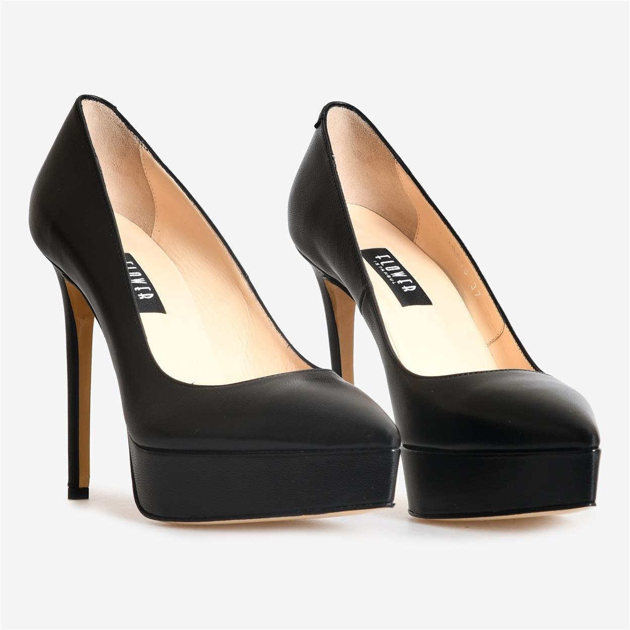 Siyah Deri Deri Kadın Abiye Ayakkabı | Flower Ayakkabı