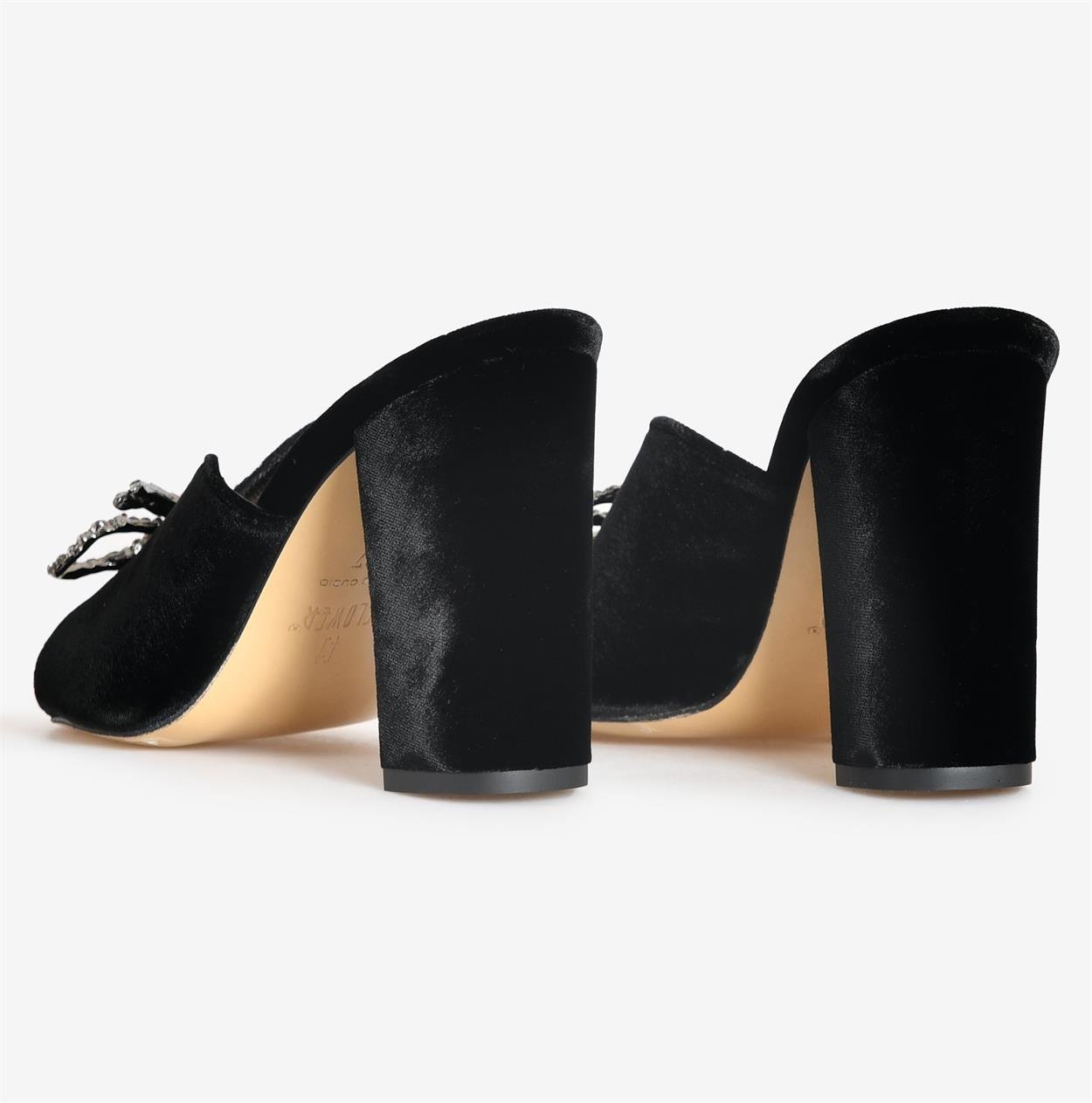 Flower Ayakkabı | Siyah Kadife Taşlı Kadın Topuklu Terlik