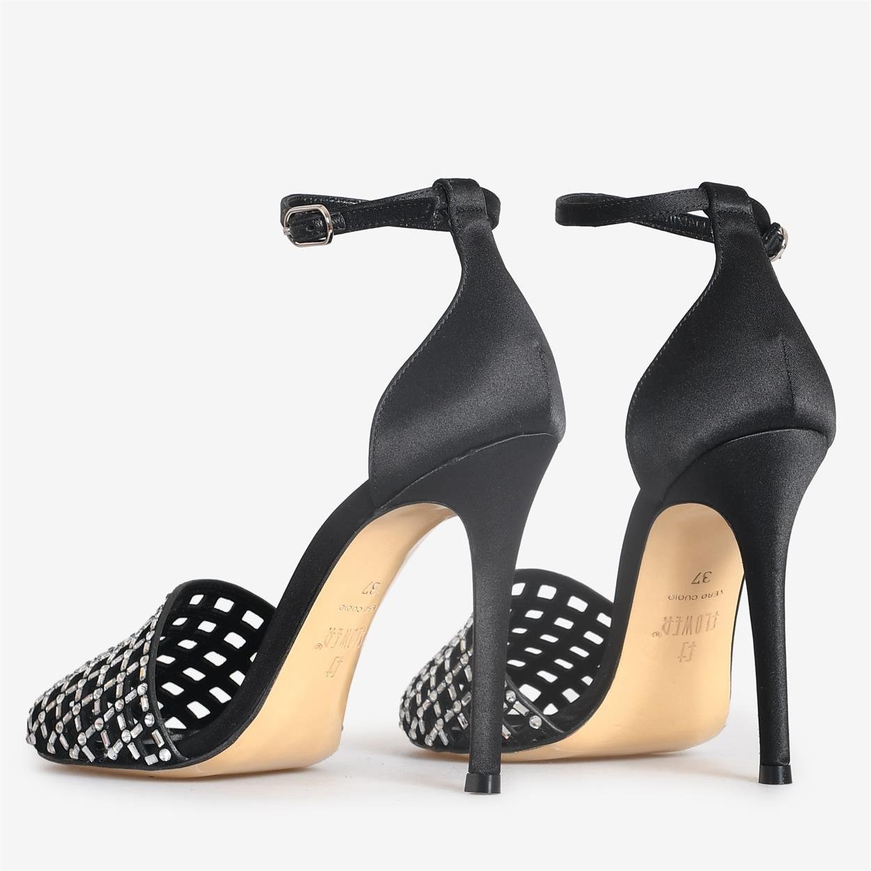 Siyah Saten Taşlı Abiye Kadın Sandalet | Flower Ayakkabı