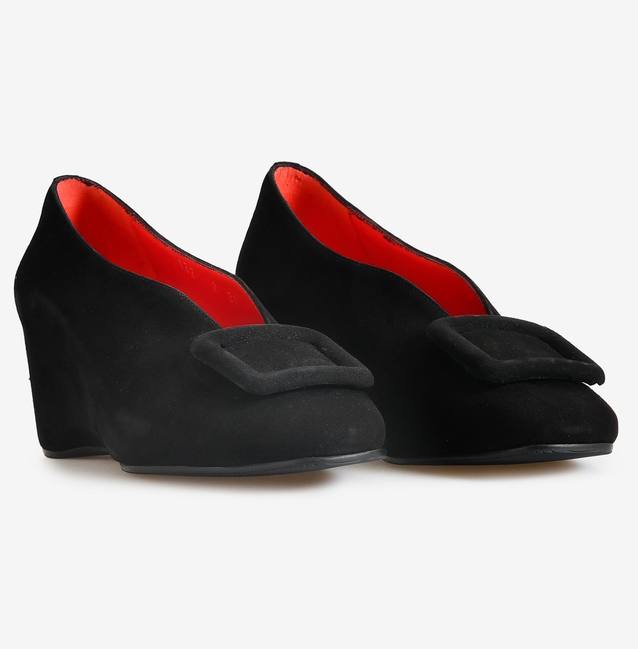 Siyah Süet Kadın Dolgu Topuk Ayakkabı | Flower Ayakkabı
