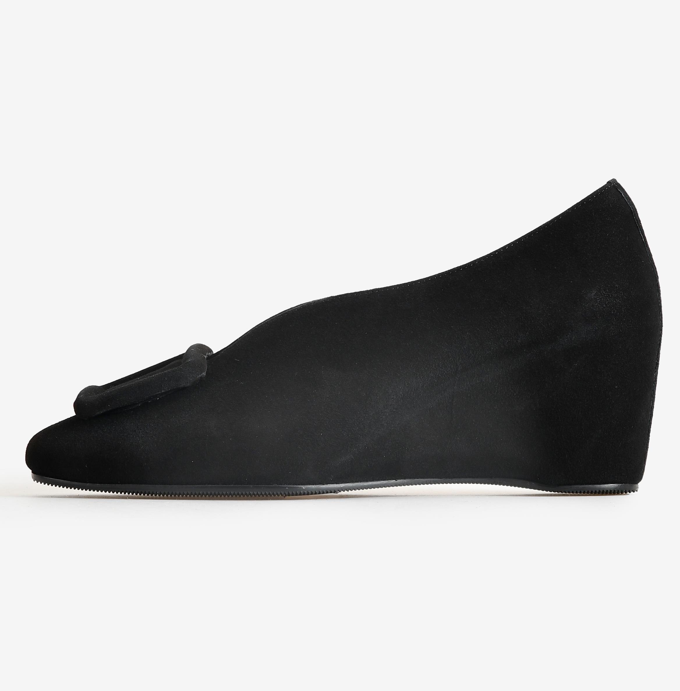 Siyah Süet Kadın Dolgu Topuk Ayakkabı | Flower Ayakkabı