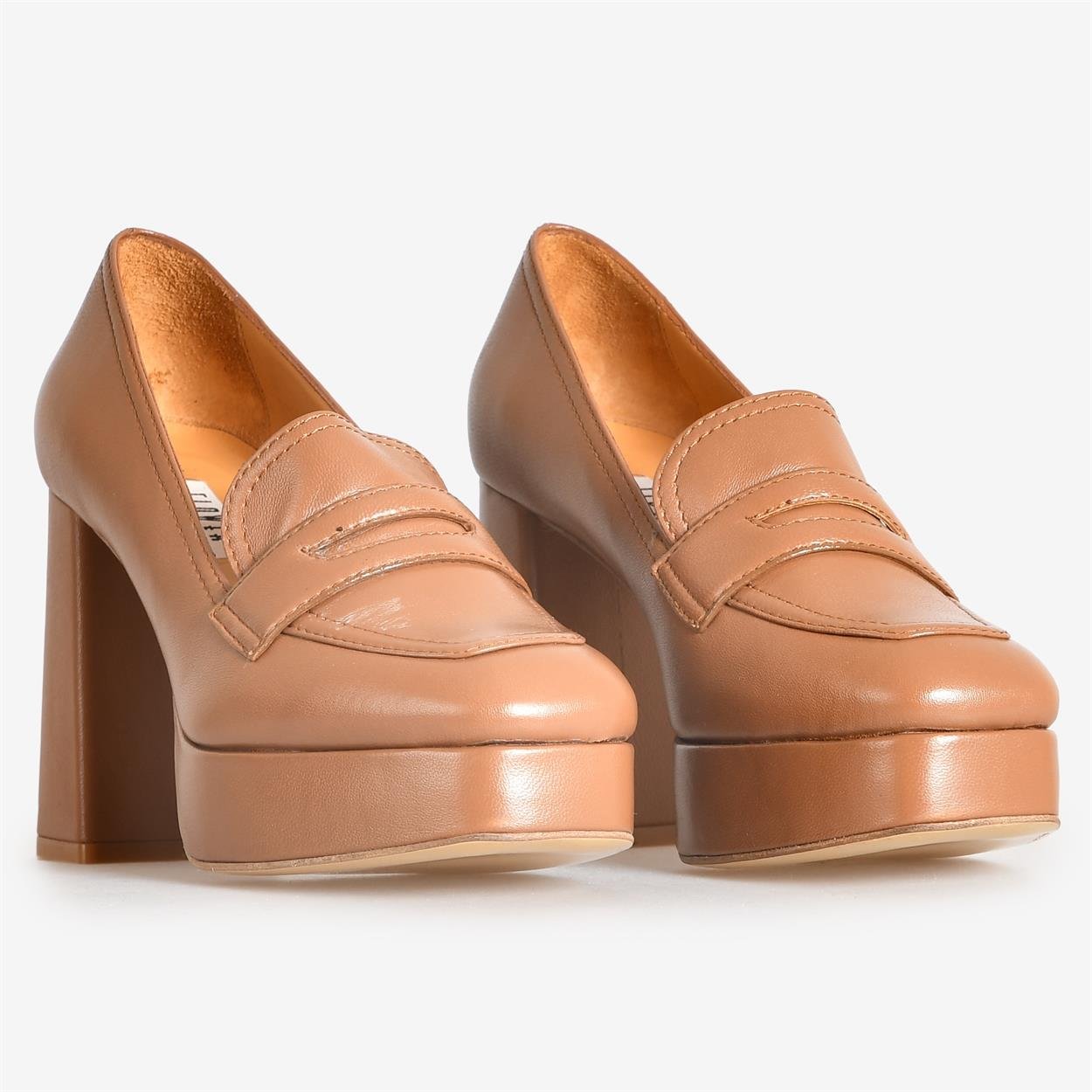 Taba Deri Kalın Topuklu Kadın Ayakkabı | Flower Ayakkabı