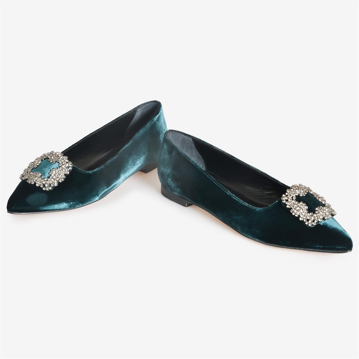 Flower Ayakkabı | Yeşil Kadife Kadın Tokalı Babet Ayakkabı