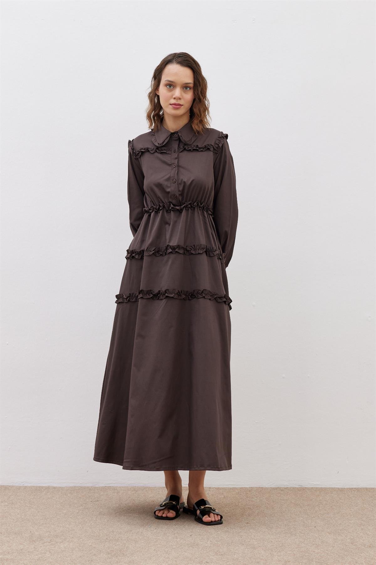 Ruffle Layered Dress Brown - FAHHAR