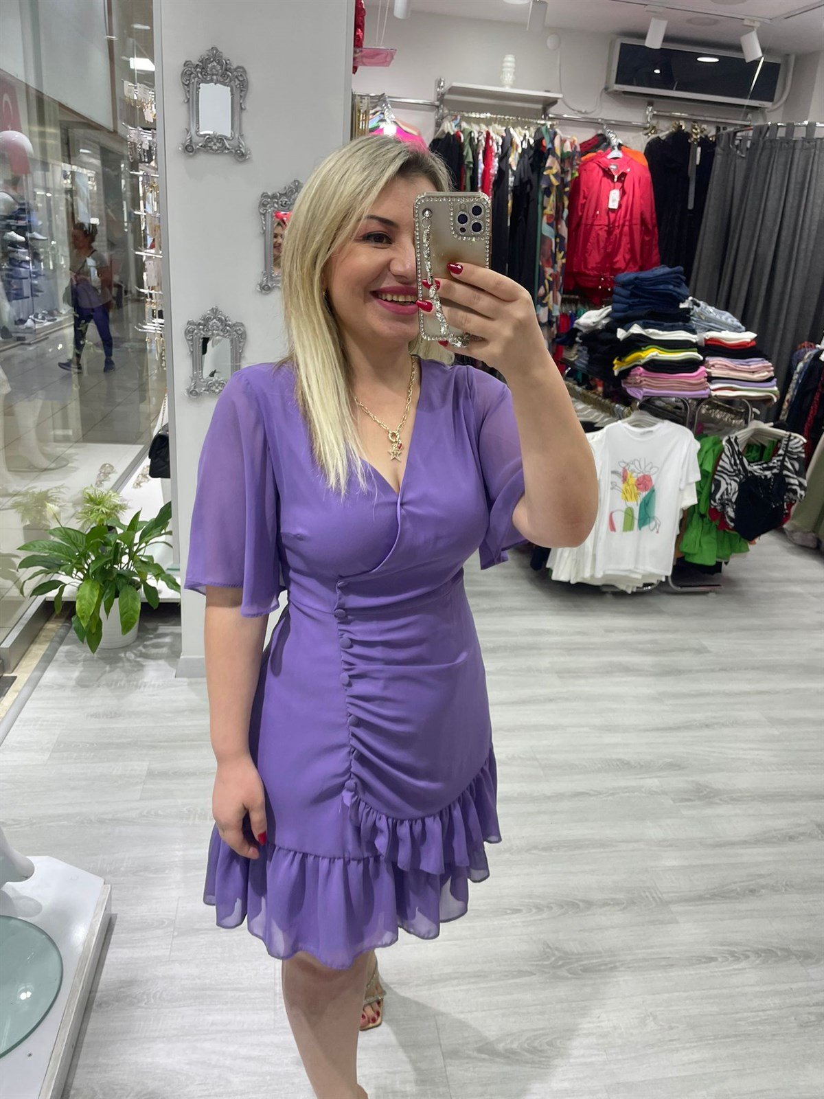 Kadın Yan Düğmeli Lila Rengi Şifon Elbise