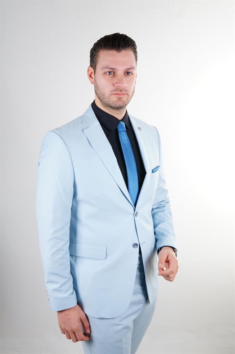 Maserto Slim Fit Açık Mavi Takım Elbise Düz Desenli | maserto.com