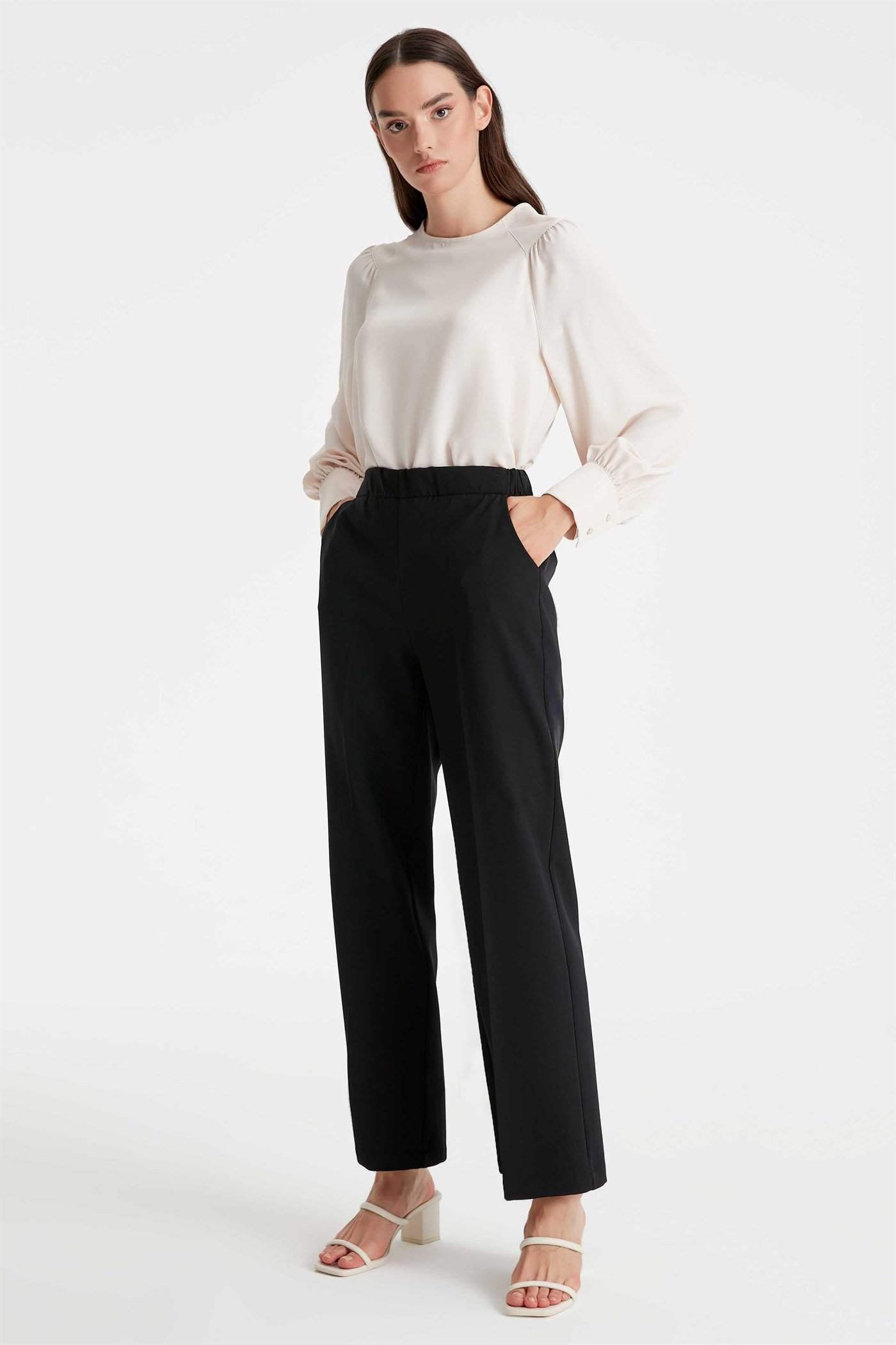 Elastic Waist Wide Leg Pants - Black