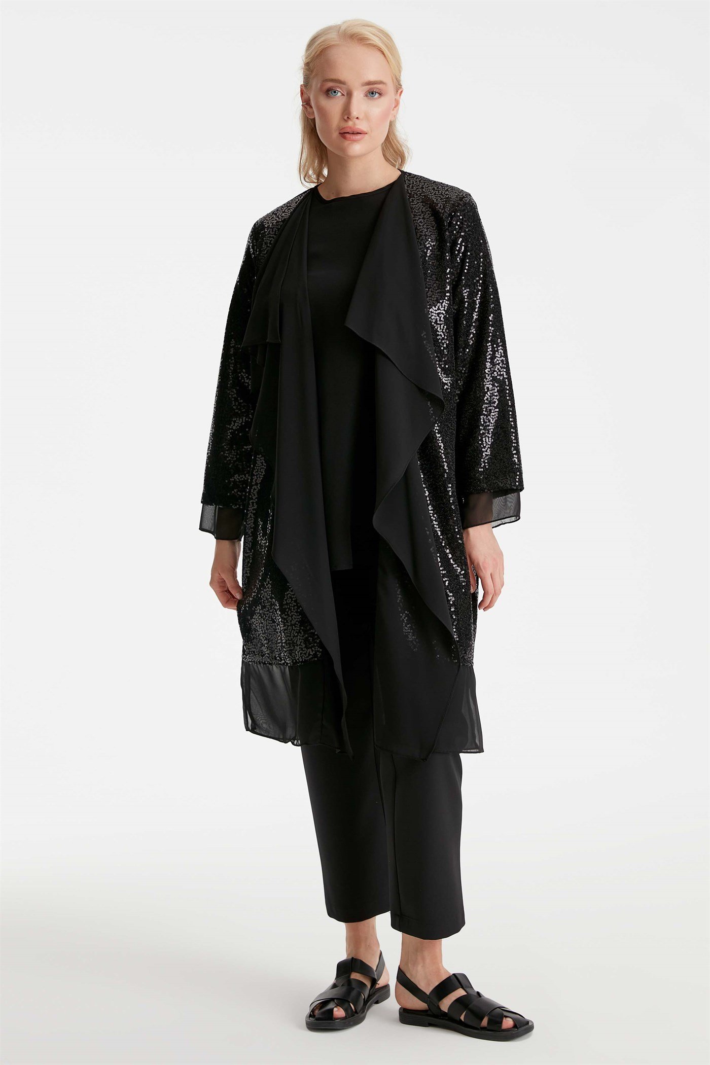 Plus Size Sequined Jacket Blouse Set - Black