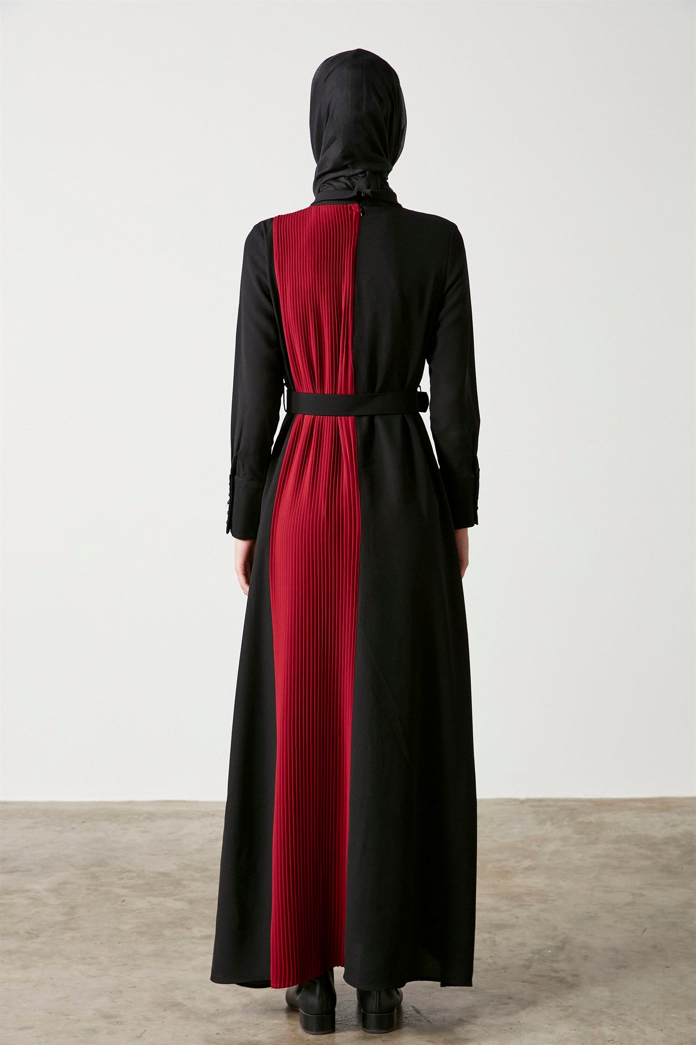 Çift Renk Pileli Elbise - Siyah - Bordo