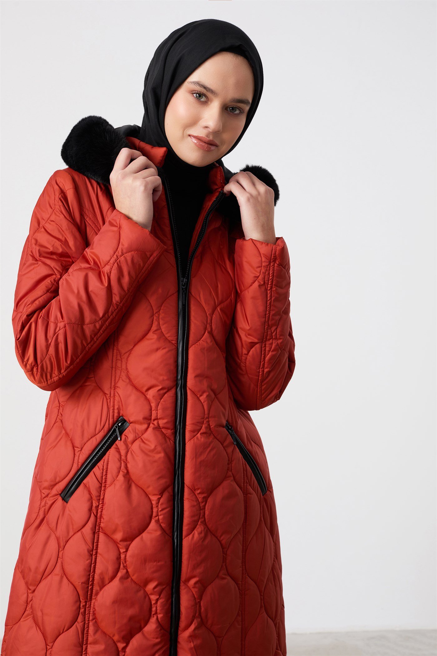 Fur Hooded Coat - Red
