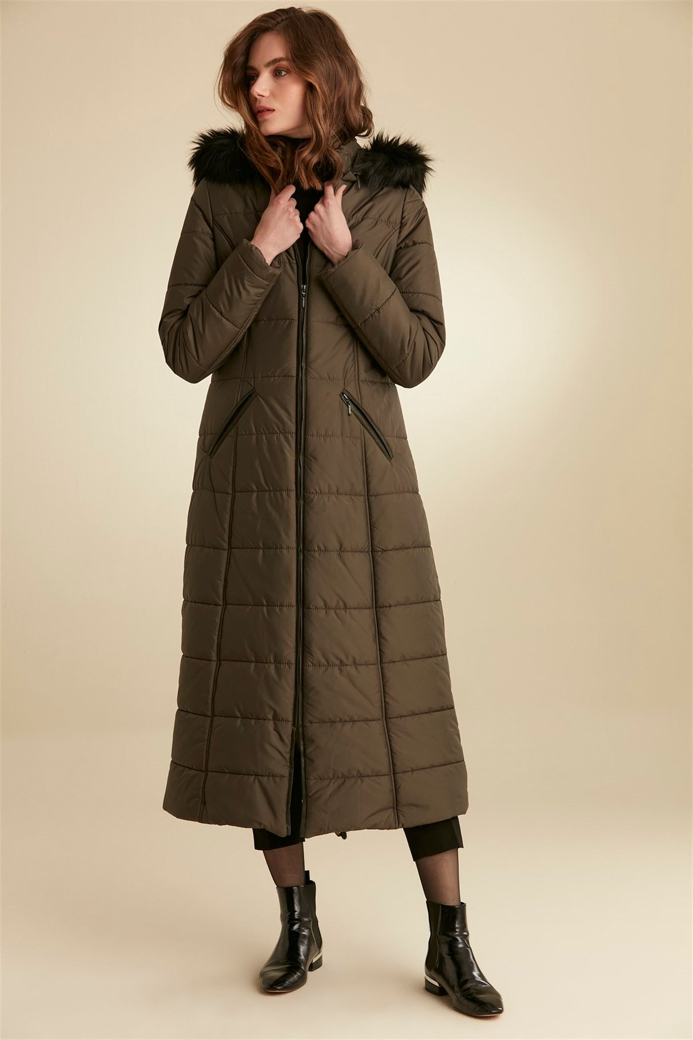 Fur Hooded Zippered Coat - Khaki